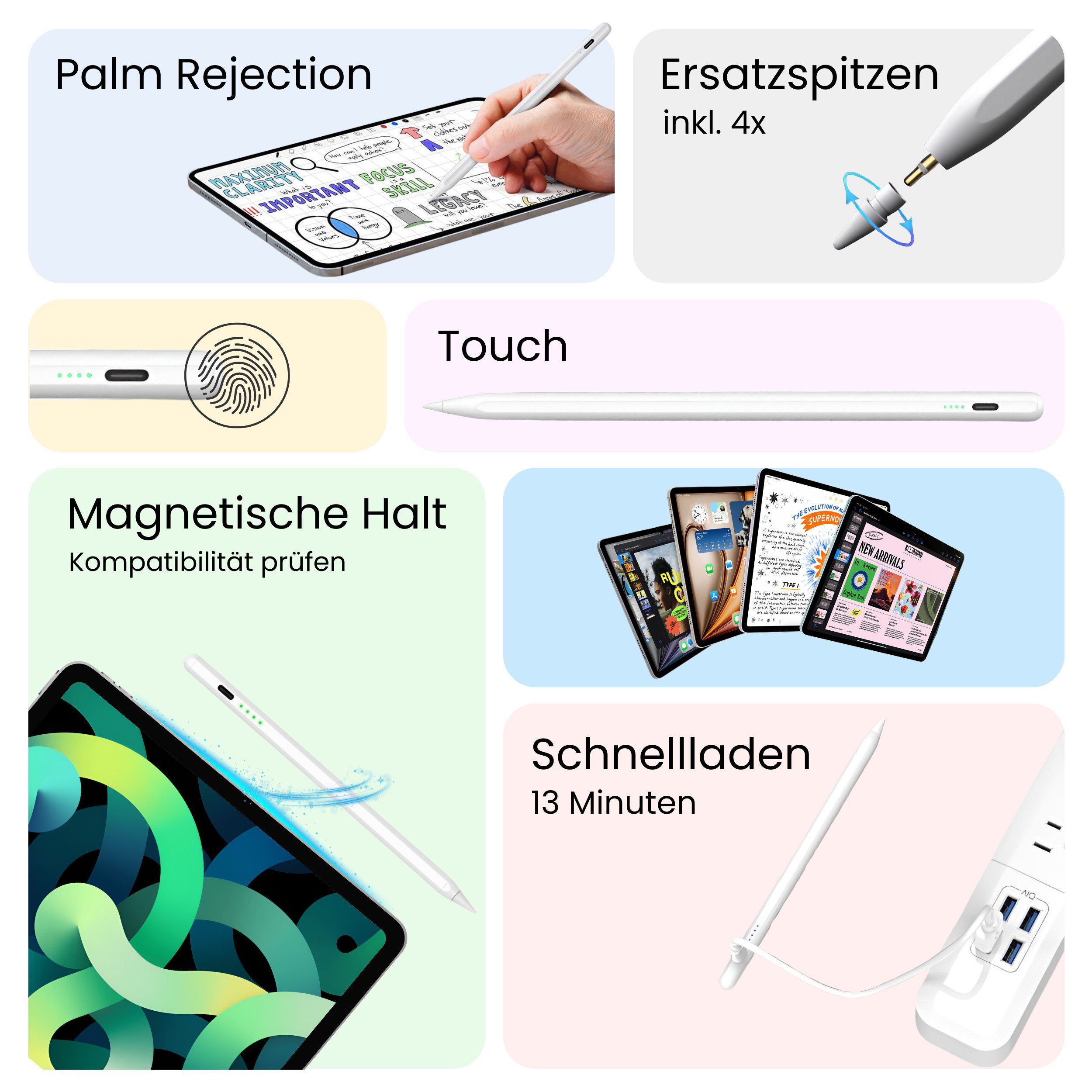 S&T Design Eingabestift Stift für iPad USB-C (2018-2026) Schnellladen für Apple iPads (2018-2026), 1-St., mit 4x iPad Stift Spitzen + Silikon Halterung) Tabletstift Stylus Pencil 2. Gen Pen USB-C Schnellladen Palm Rejection