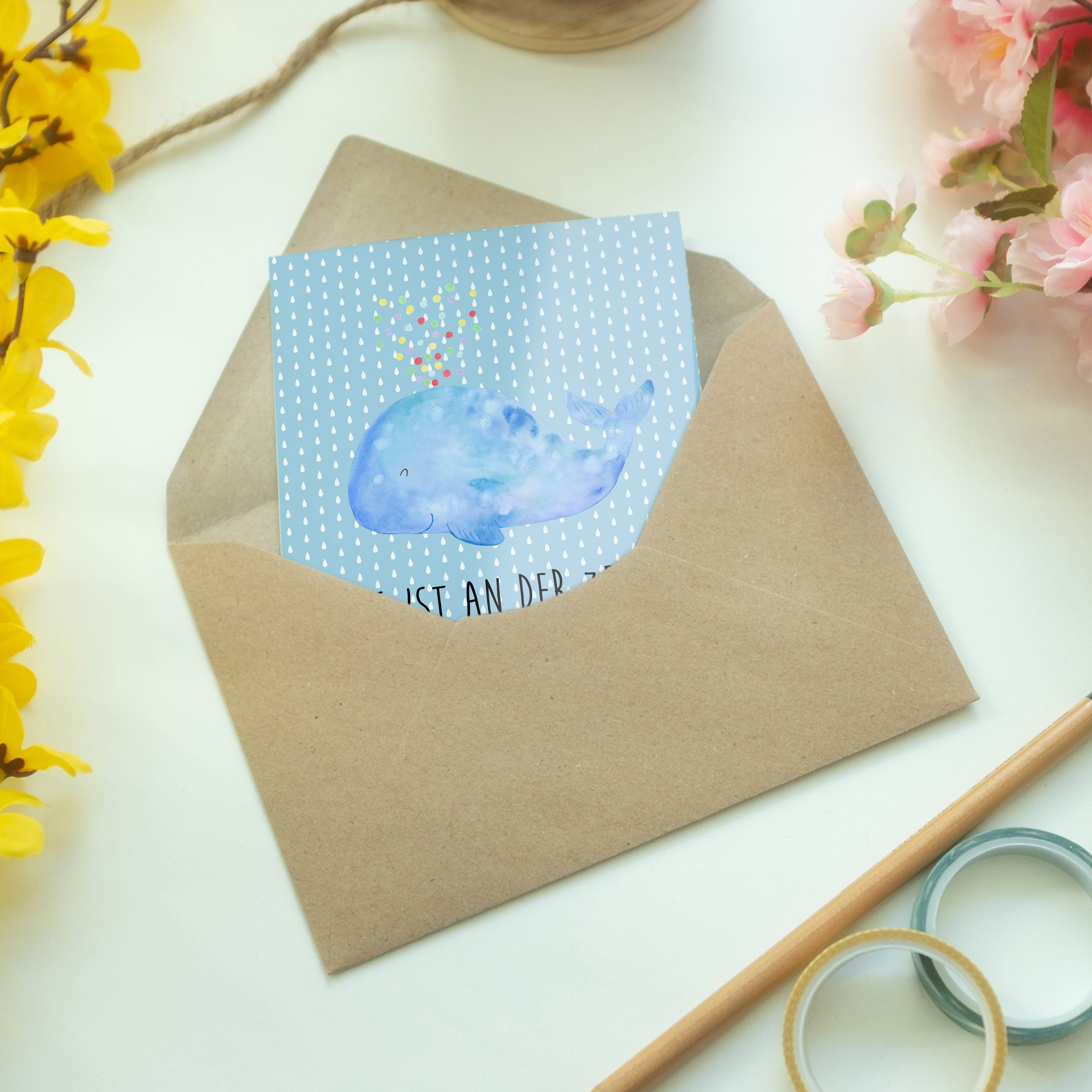 - Mr. Konfetti Geschenk, Panda & Mrs. Grußkarte Meer Einladungskarte, - Urlaub, Wal Blau Pastell