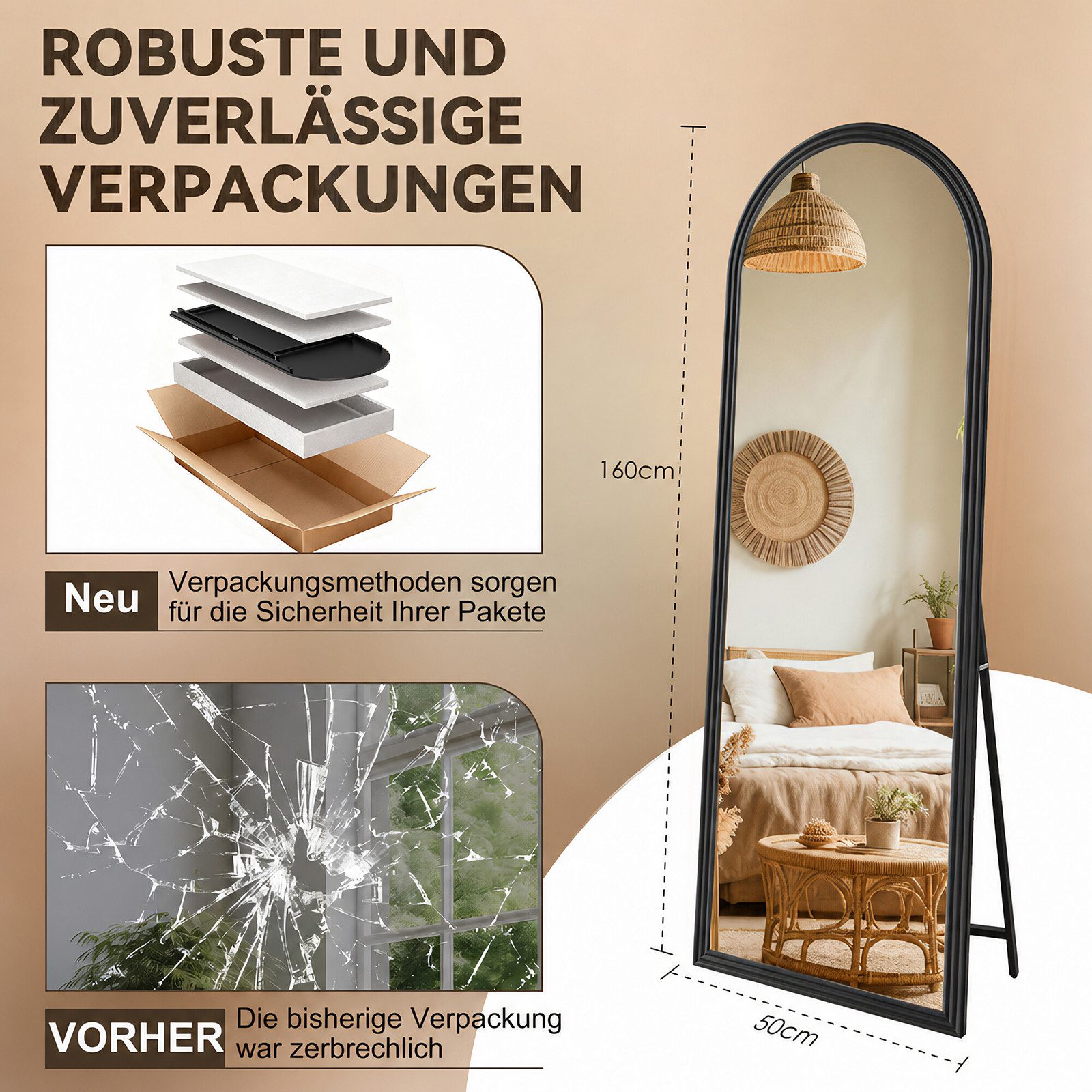 BBWL Ganzkörperspiegel 160 x 50 cm, Großer Standspiegel, mit stabilem Standfuß, Holzrahmen in Bogenform,HD Spiegelglas, stabiler Rahmen – Bild 3 von 5