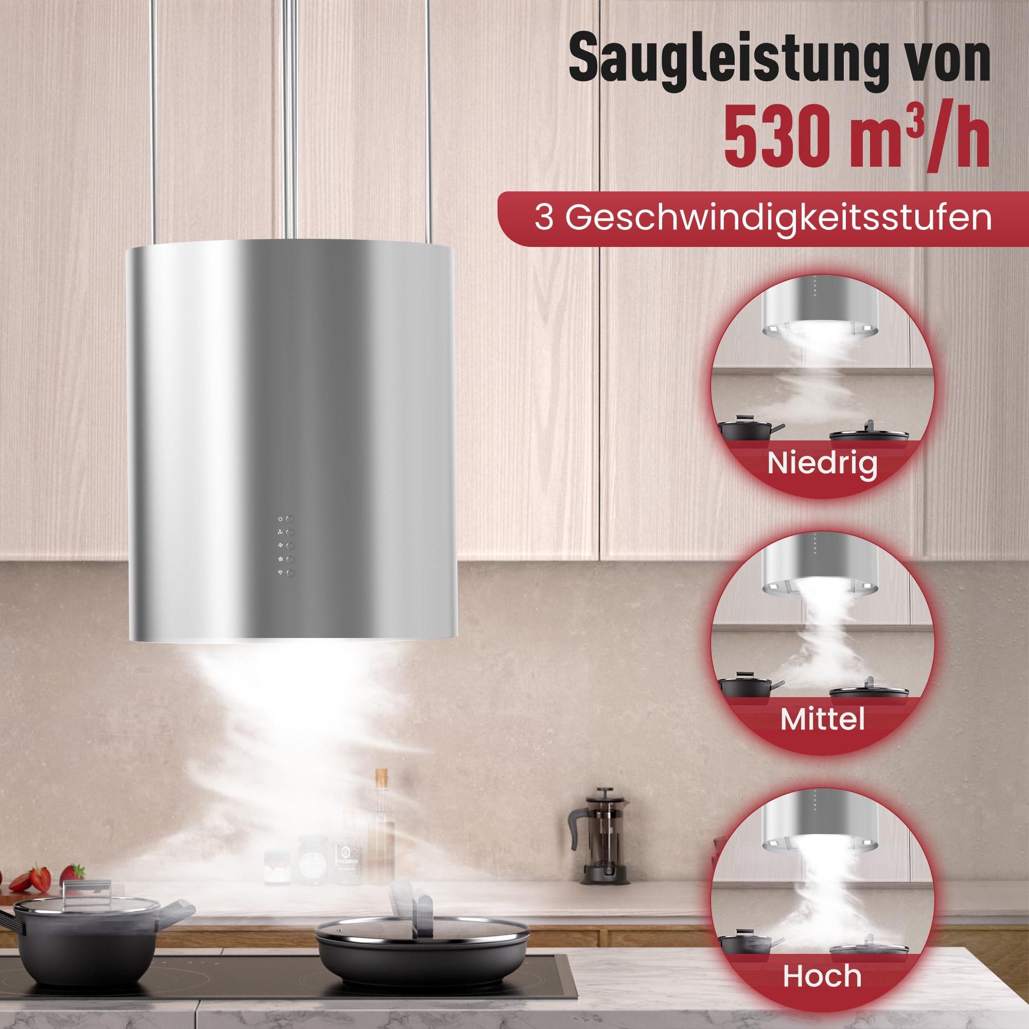 Levivo Inselhaube A+ Dunstabzugshaube Umluft Freihängend mit 530 m³/h Luftleistung A+ Dunstabzugshaube Umluft Freihängend mit 530 m³/h Luftleistung, Aktivkohlefiltern, Fettfiltern, LED-Beleuchtung