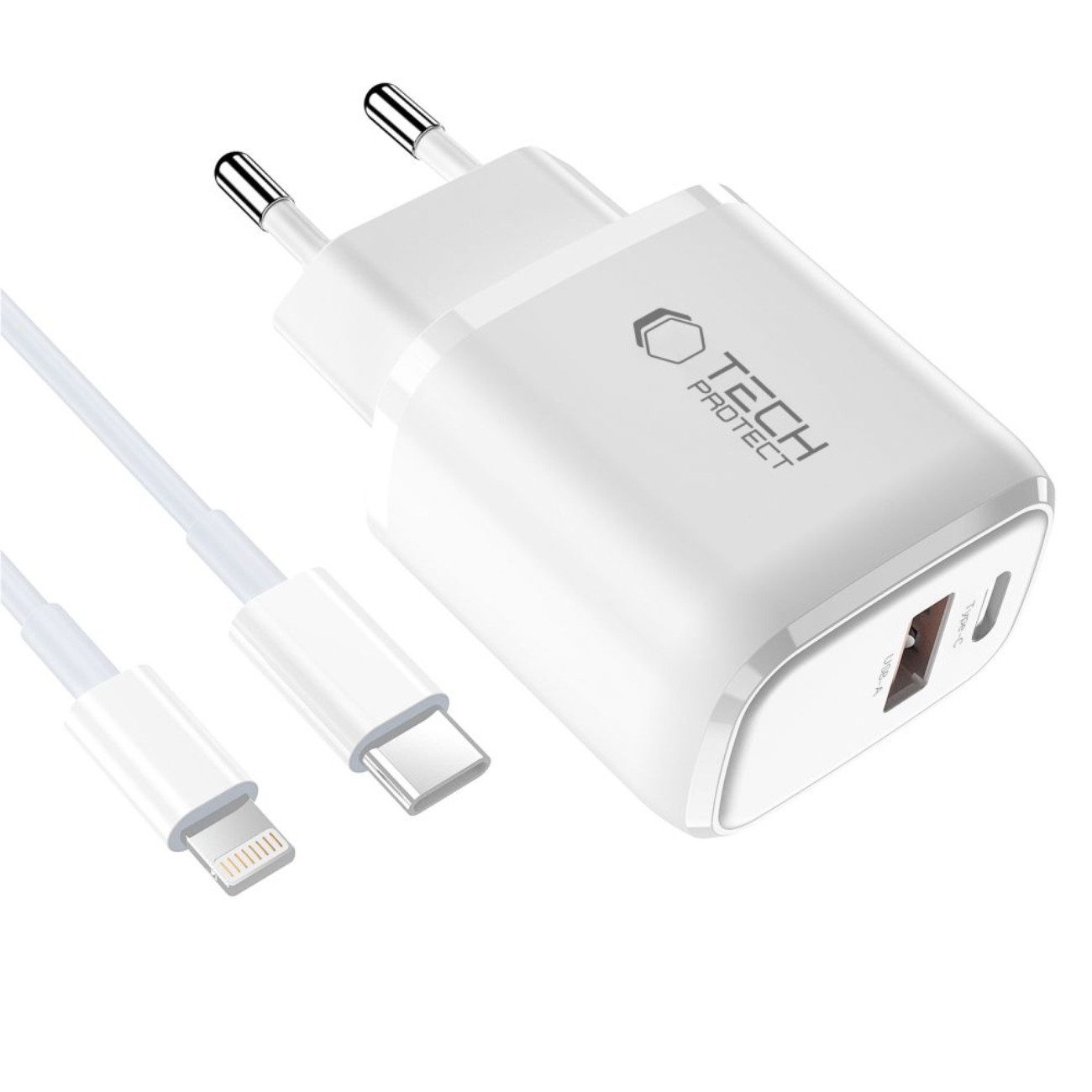 TECH PROTECT NCA20 USB-Ladegerät (Ladegerät mit Kabel, Wandladegerät mit USB-C-/iPhone-Kabel 100 cm, Kompaktes Dual-Ladegerät mit Schnellladefunktion und Kabel)
