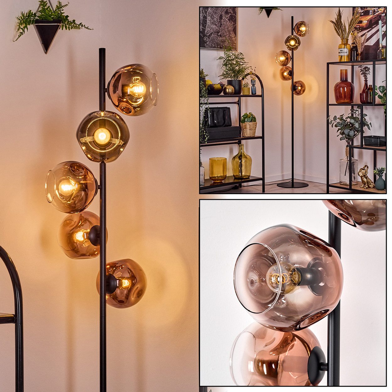 Stehlampe Stehlampe aus Metall/Glas in Schwarz/Kupfer/Klar, Retro/Vintage-Design