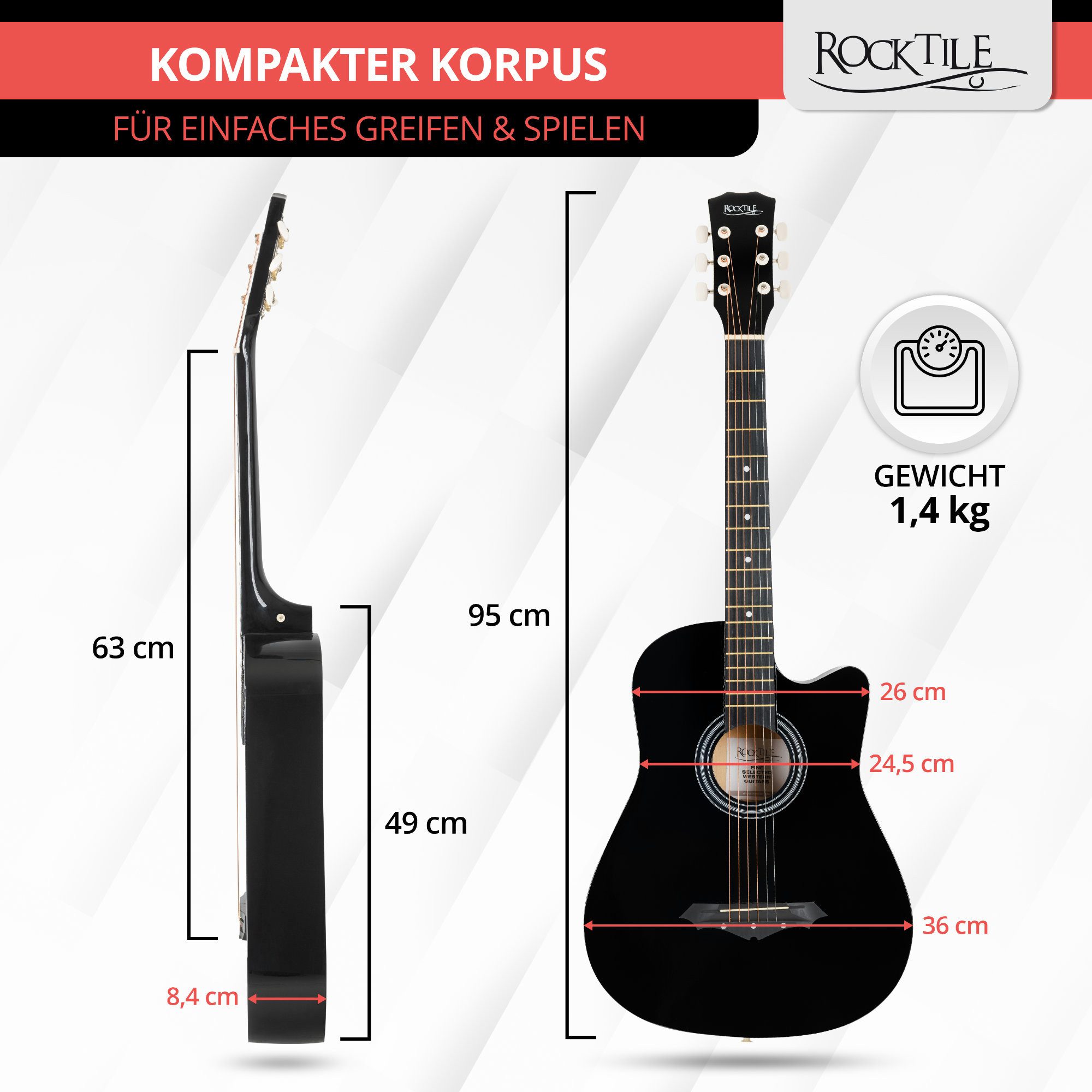 Rocktile Westerngitarre WSD-5C Slim Line Westerngitarren Set - Dreadnought Akustik Gitarre, Set inkl. Tasche, Ersatzsaiten, Gurt und Plektren