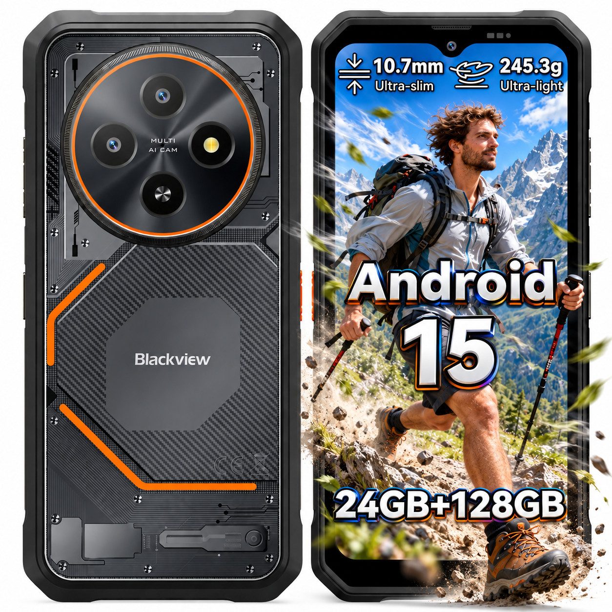 blackview FORT 2 Ultradünnes Robustphone: Nur 10.7mm, AI-Dreifachkamera Outdoor Smartphone (6,56 Zoll, 128 GB Speicherplatz, DokeOS5.0, Google Lens, 1080p Video, 16MP, 5WOTG)