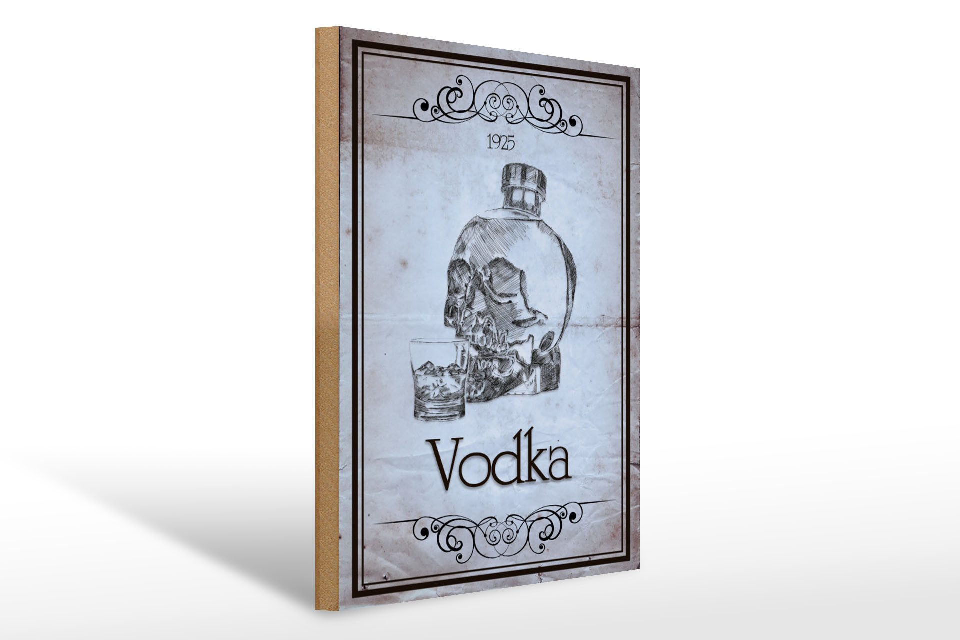 Holzbild 30x40cm 1925 Vodka Totenkopf