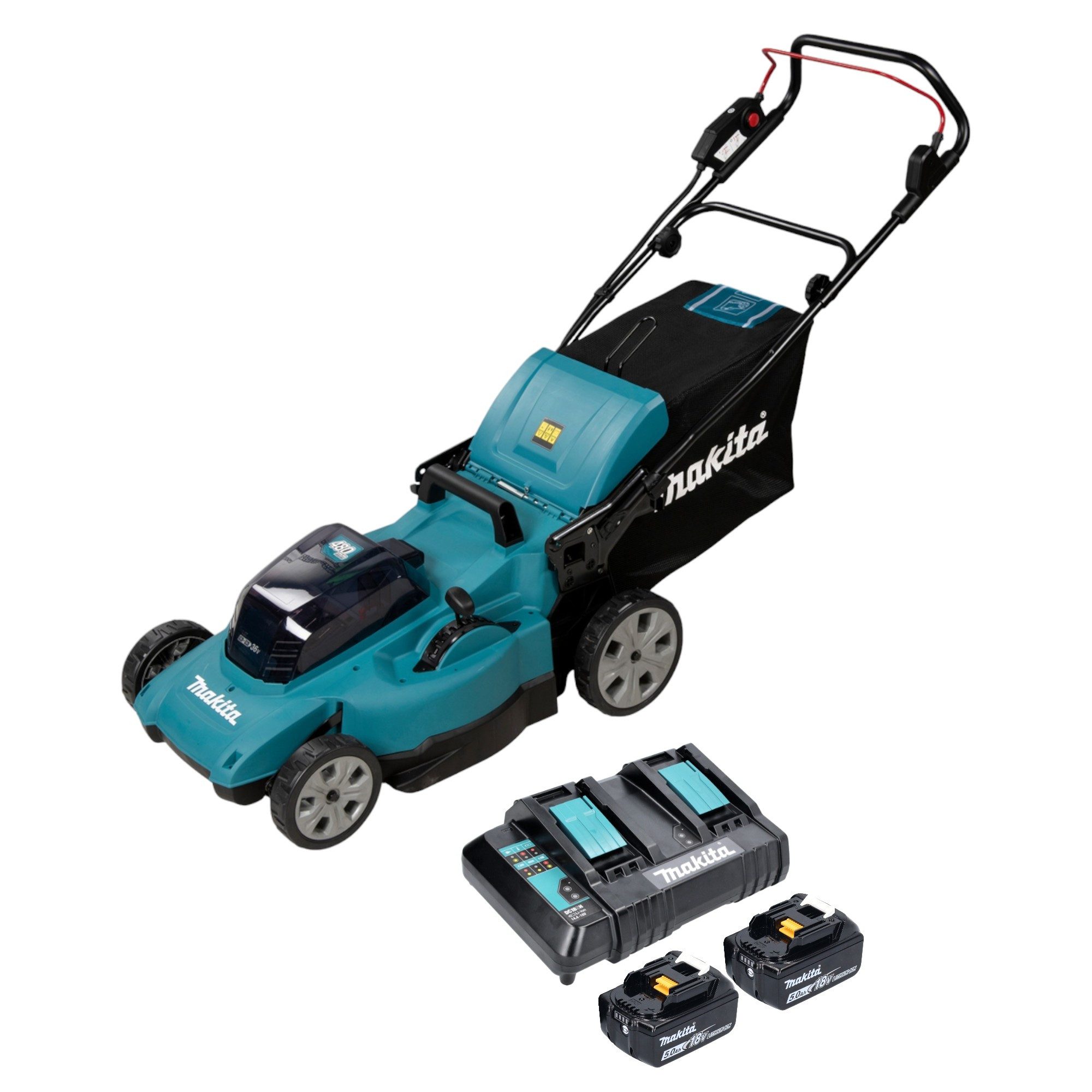 Makita Akkurasenmäher DLM 480 CT2 36 V (2x 18 V) 48 cm 62 l + 2x Akku 5,0 Ah + Ladegerät