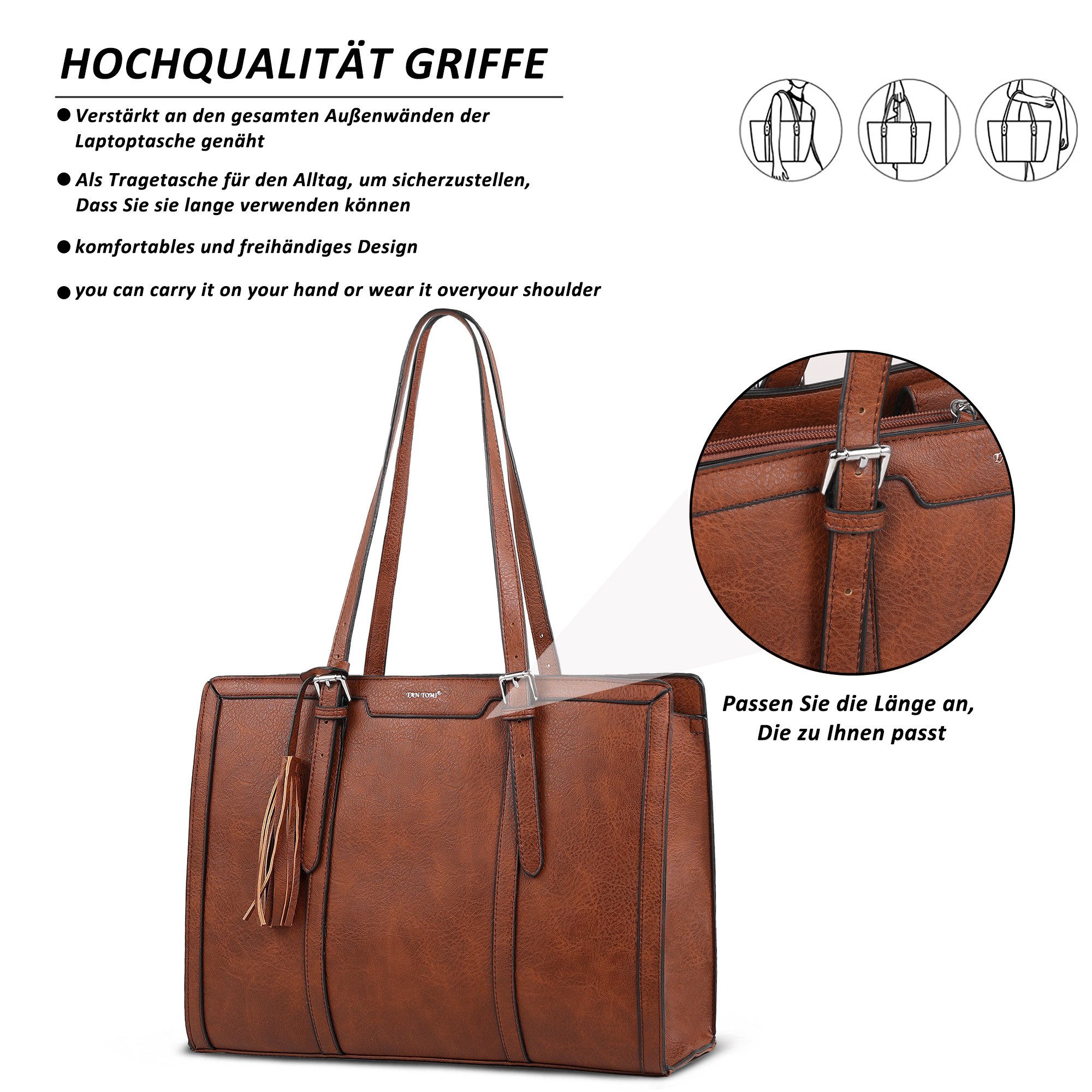 TAN.TOMI Handtasche Große Business Handtasche Damen Leder Schultertasche Arbeit Schule, Bürotasche Damen 15.6 Zoll Notebookt mit 3 Fächern für Büro Schule