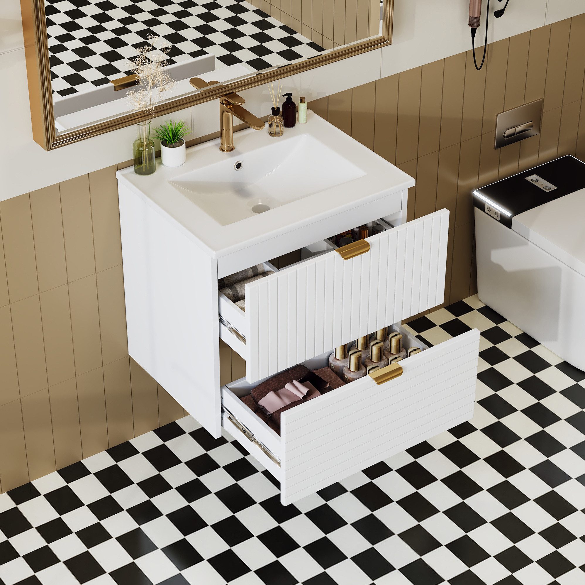 REDOM Waschbeckenunterschrank Badezimmerschrank mit Unterschrank 61 cm (Waschtisch mit lackierter Oberfläche, zwei Softclose-Schubladen, Designfront und integriertem Waschbecken, Badmöbel Badschrank)