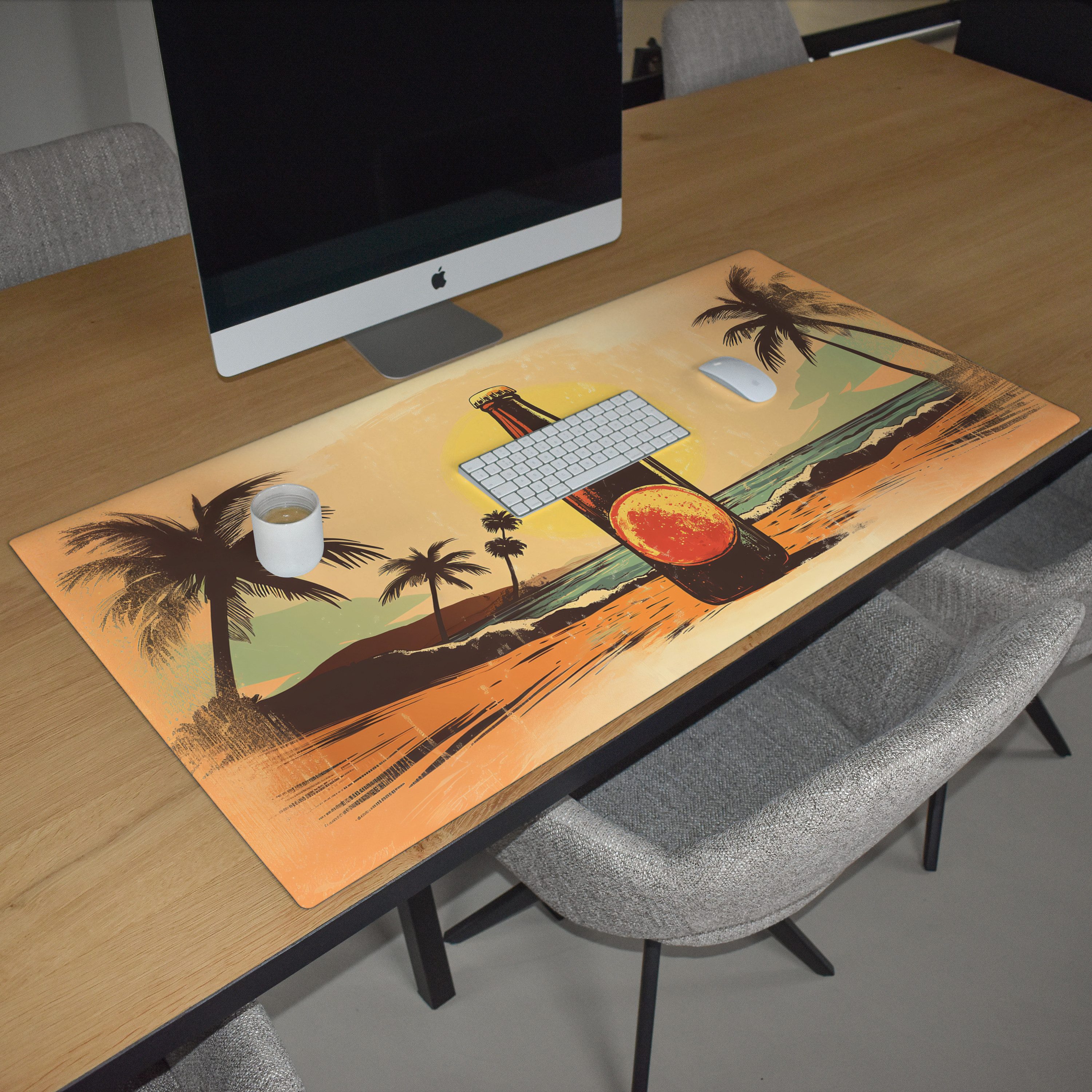 MuchoWow Gaming Mauspad Bierflasche - Sonnenuntergang - Palmen - Meer (1-St), Gaming Mauspad XXL, Schreibtischunterlage, Gaming Zubehör, 120x60 cm