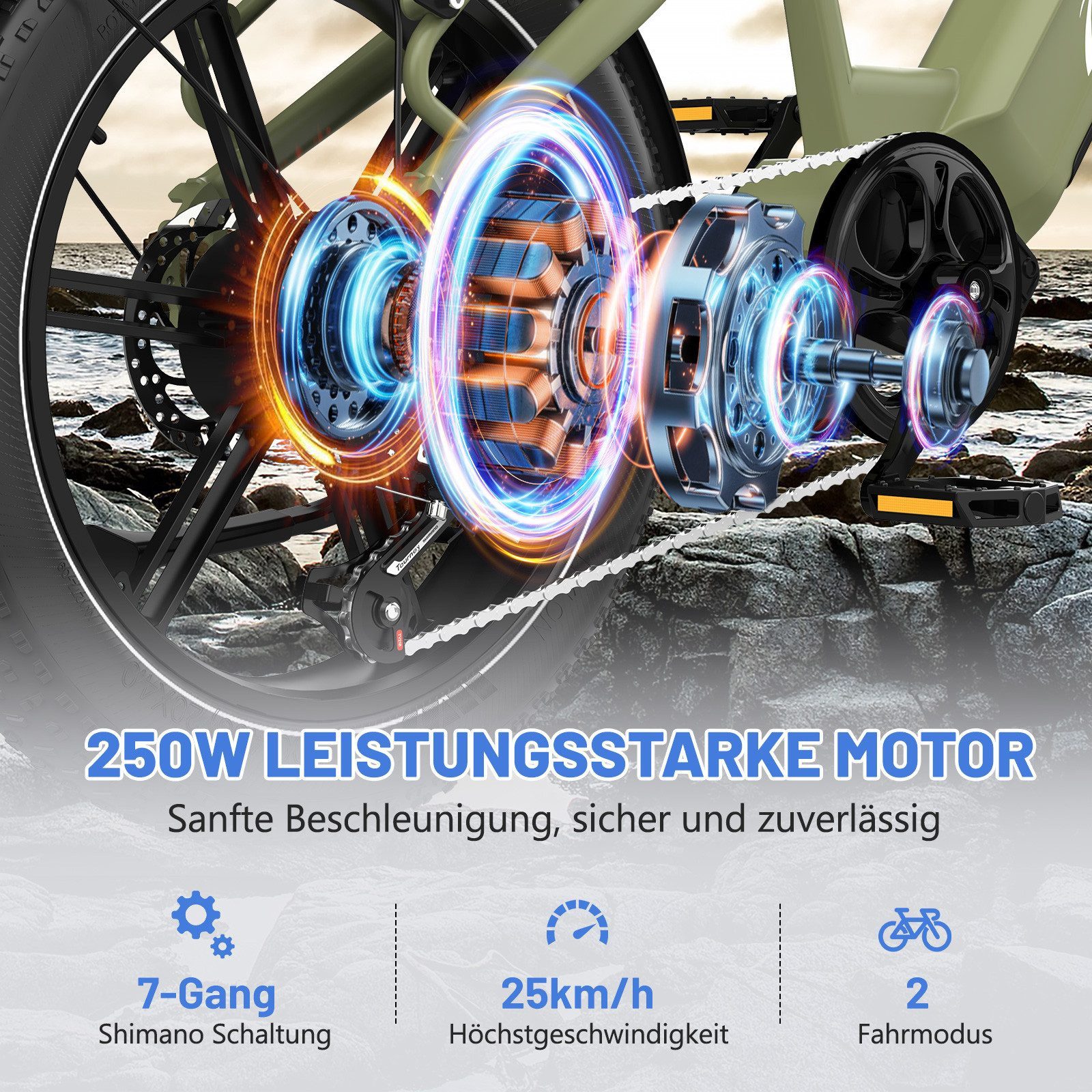 ECORUSH E-Bike Mountainbike Elektrofahrrad 20*4,0 Zoll Pedelec StVZO mit 15,6Ah Akku Max 70-120km, 7 Gang shimano shimano Schaltwerk, Kettenschaltung, Heckmotor, 748,8 Wh, Damen/Herren E-Mountainbike mit Pumpe, Schloss