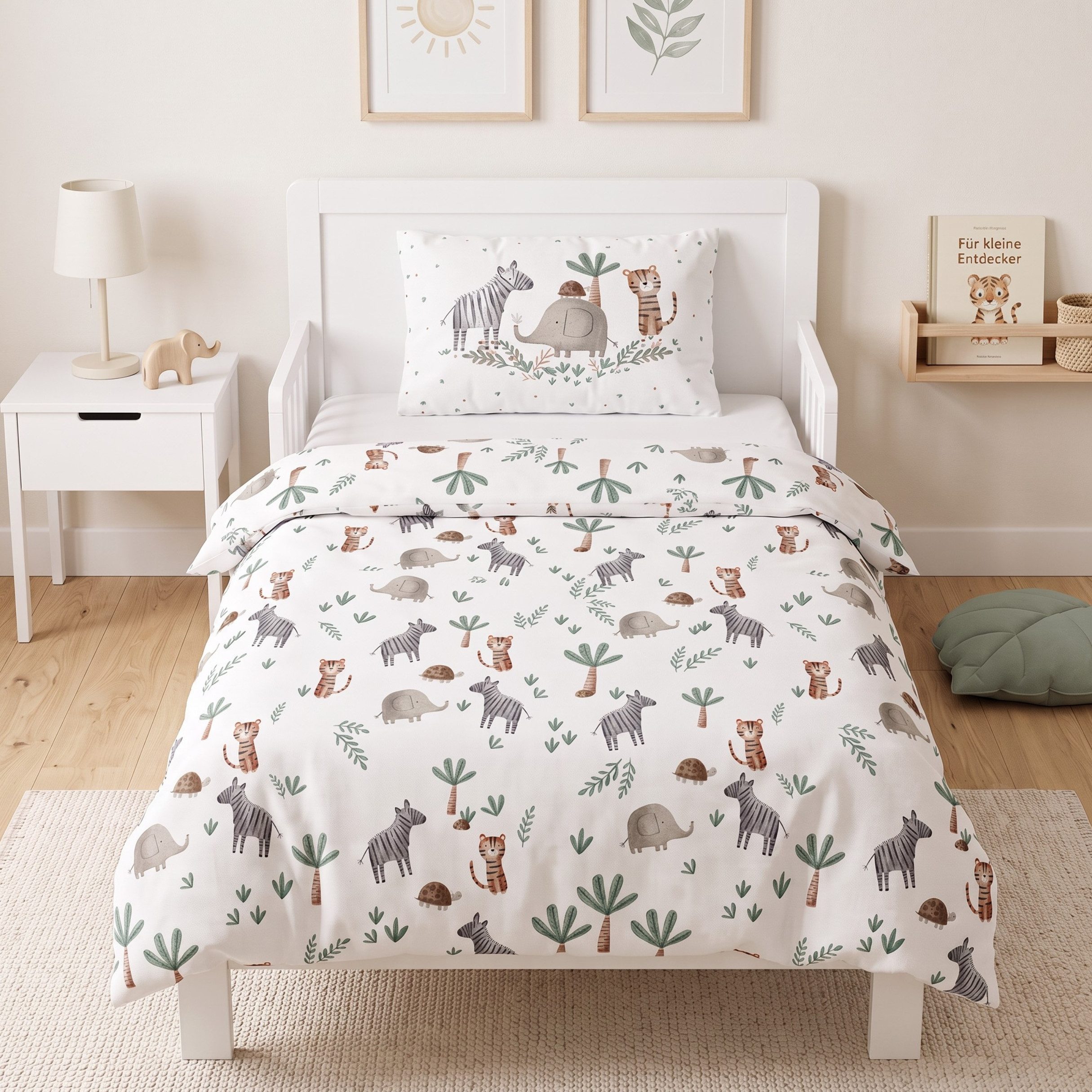 MTOnlinehandel Babybettwäsche Safari 100x135 cm Jersey, Zebra, Elefant & Tiger, 100% Baumwolle, 2 teilig, TRAUMFREUNDE Kleinkinderbettwäsche Dschungel Motiv
