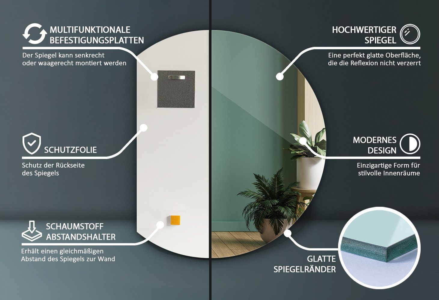 Tulup Badspiegel HalbRund Wanddeko Spiegel Wand Modern Glas Kosmetikspiegel