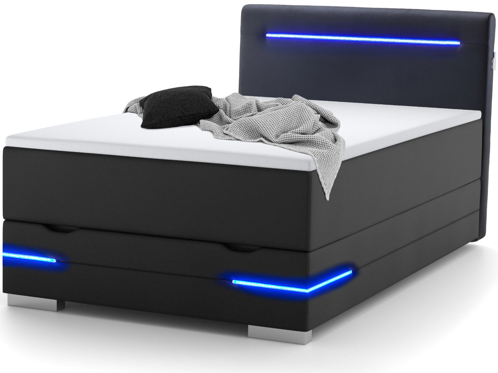 wonello Boxspringbett Dallas, inkl. LED-Beleuchtung, Bettkasten, 2x USB-Anschluss und Topper schwarz