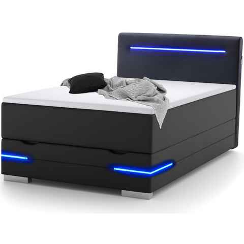 wonello Boxspringbett Dallas, inkl. LED-Beleuchtung, Bettkasten, 2x USB-Anschluss und Topper