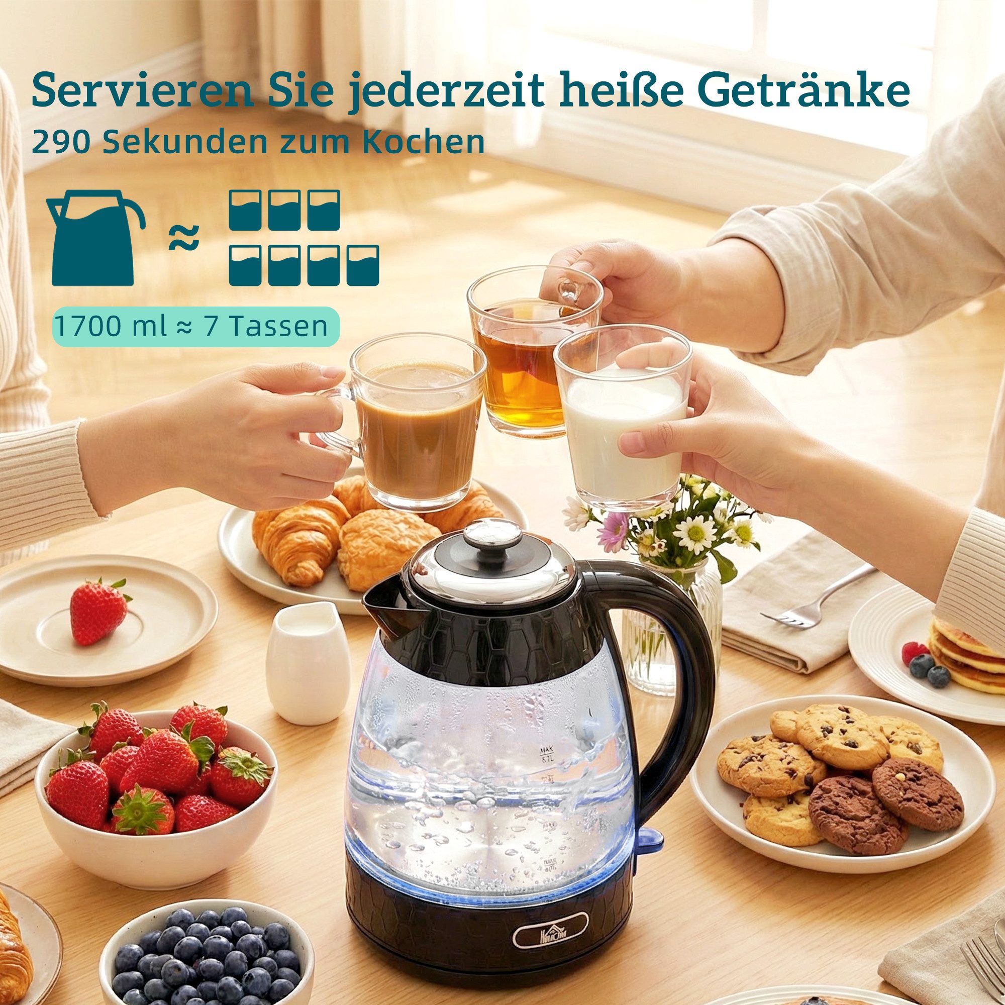HOMCOM Frühstücks-Set Wasserkocher mit Kalkfilter, Toaster mit Krümelschublade (2-tlg), Toaster und Wasserkocher Set in Schwarz – Bild 4 von 5