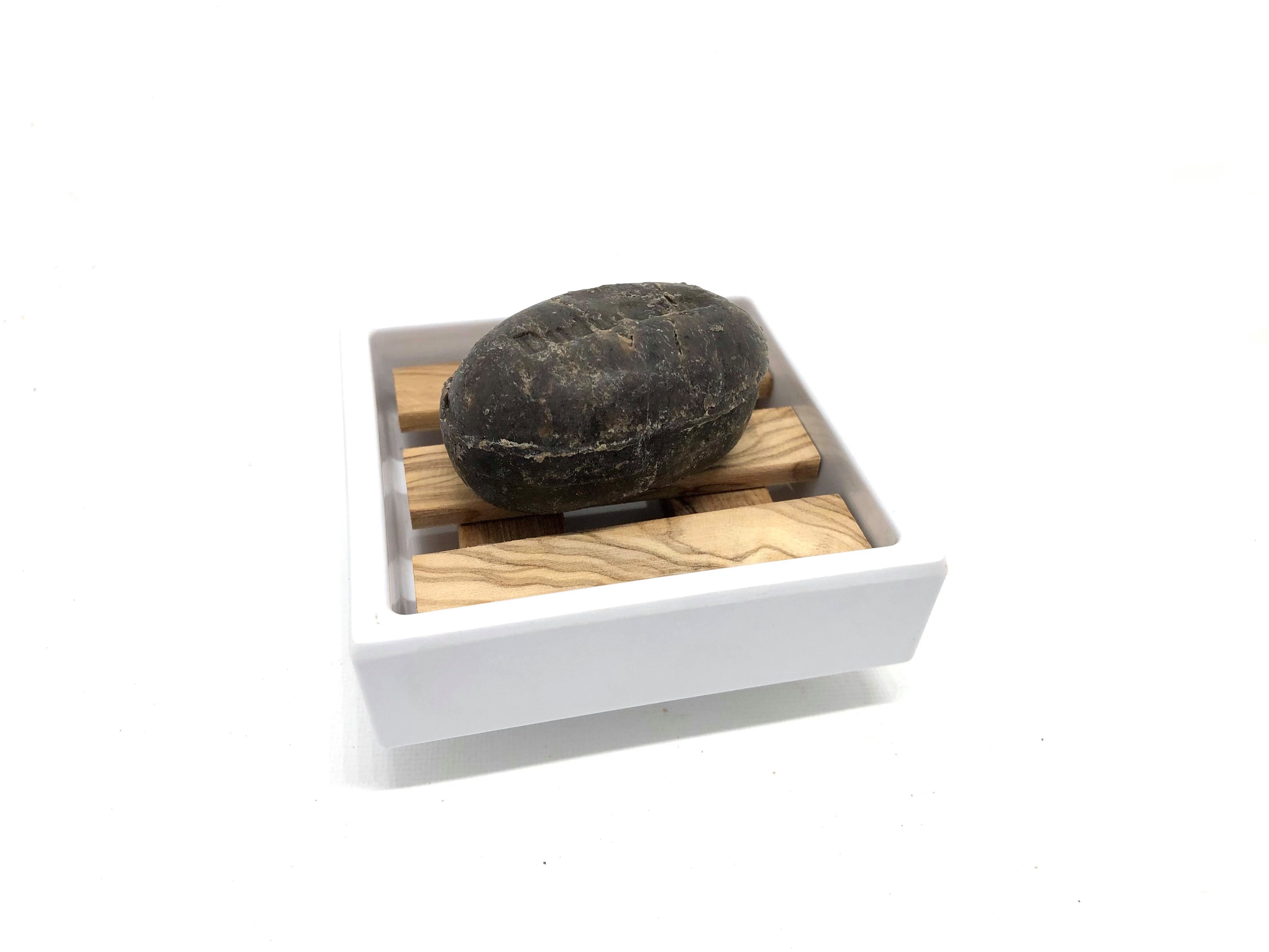 Olivenholz-erleben Seifenablage klein, quadratisch aus weißem Melamin, mit Einleger aus Olivenholz, Breite: 7,5 cm, 1-St., Natürlich schön – ein Blickfang mit mediterranem Charakter