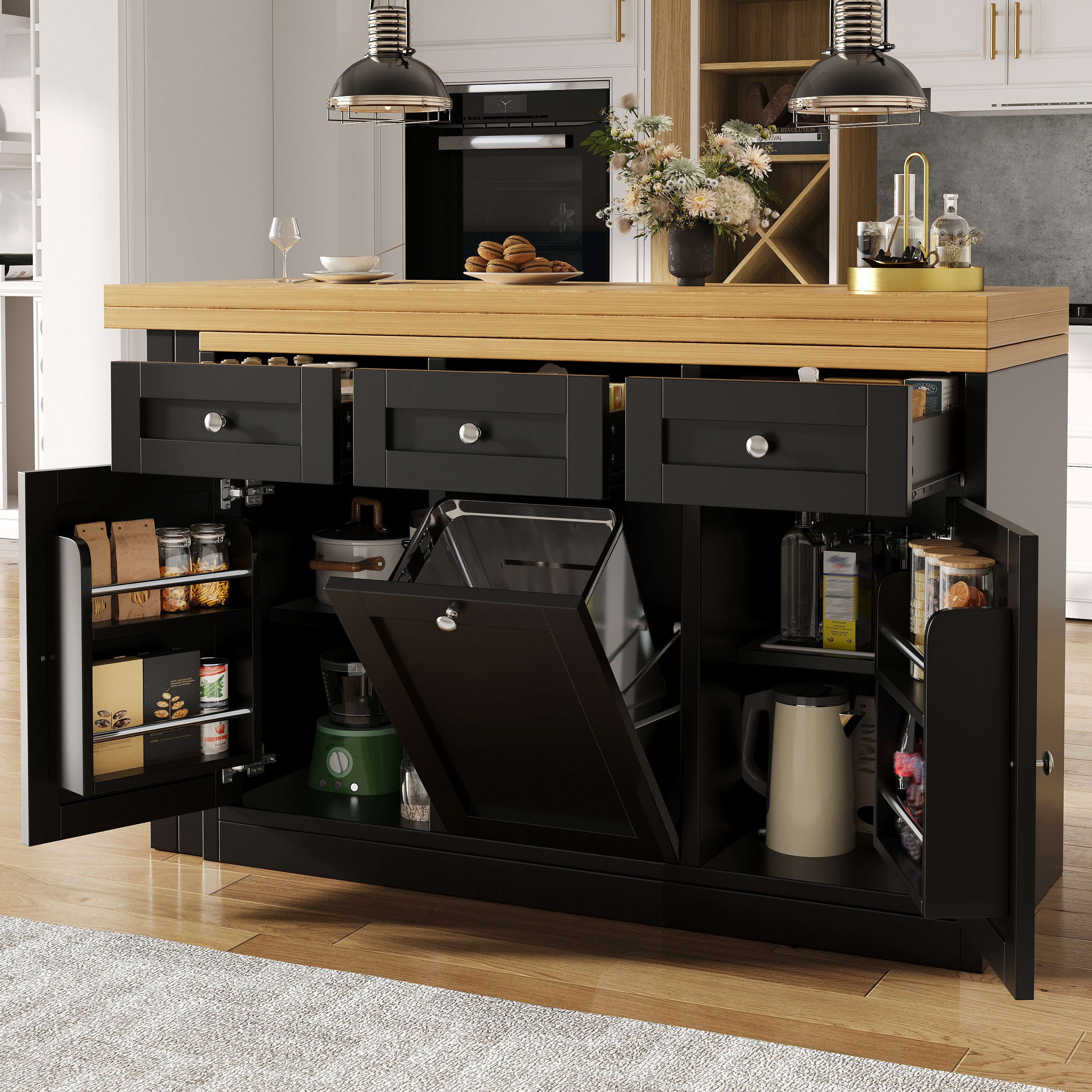 Flieks Kücheninsel Küchenschrank mit 360° drehbarer und klappbarer Arbeitstisch, (Holzoptik Tischplatte Tiefe 40-80cm, Längenverstellbar 120-200cm), ausziehbarer Esstisch & Mehrzweckschrank mit Mülleimerhalter Schwarz