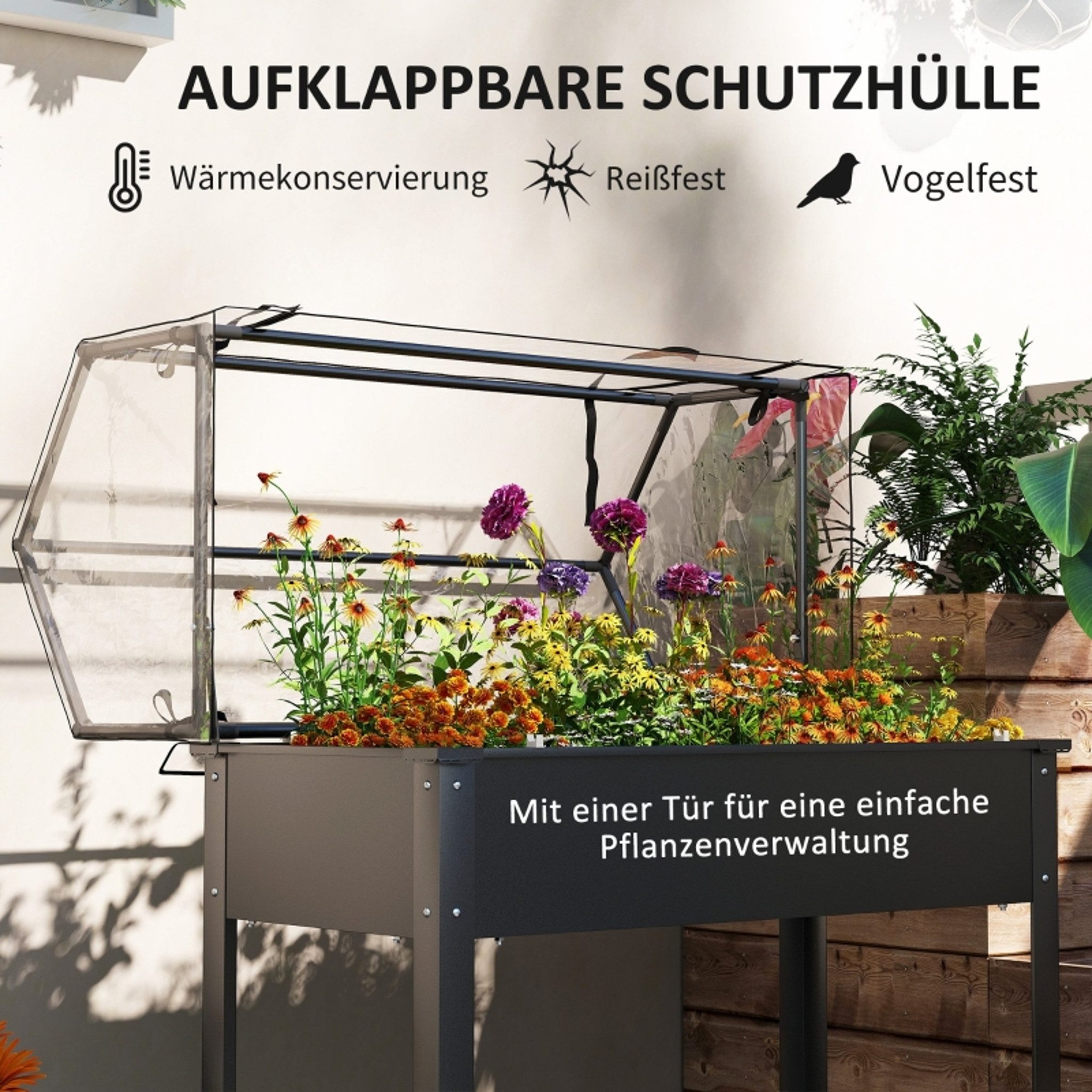 MC Star Hochbeet Hochbeet mit Gewächshaus-Dach, Erhöhte Pflanzenbox mit Ablauflöchern, (100 x 48 x 124 cm, Schwarz)