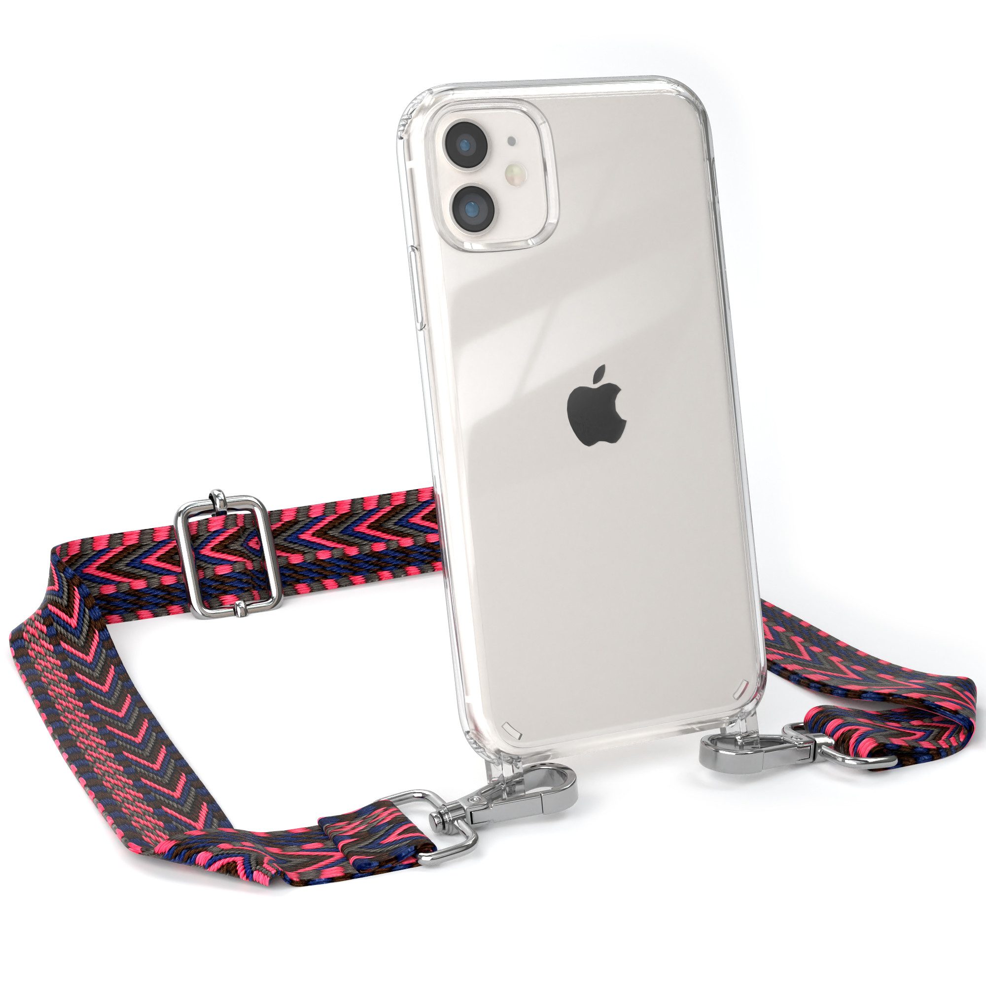 EAZY CASE Handykette Boho Umhängeband für Apple iPhone 11 6,1 Zoll, Verstellbarer Trageriemen mit Case transparent DIY Gürteltasche Pink