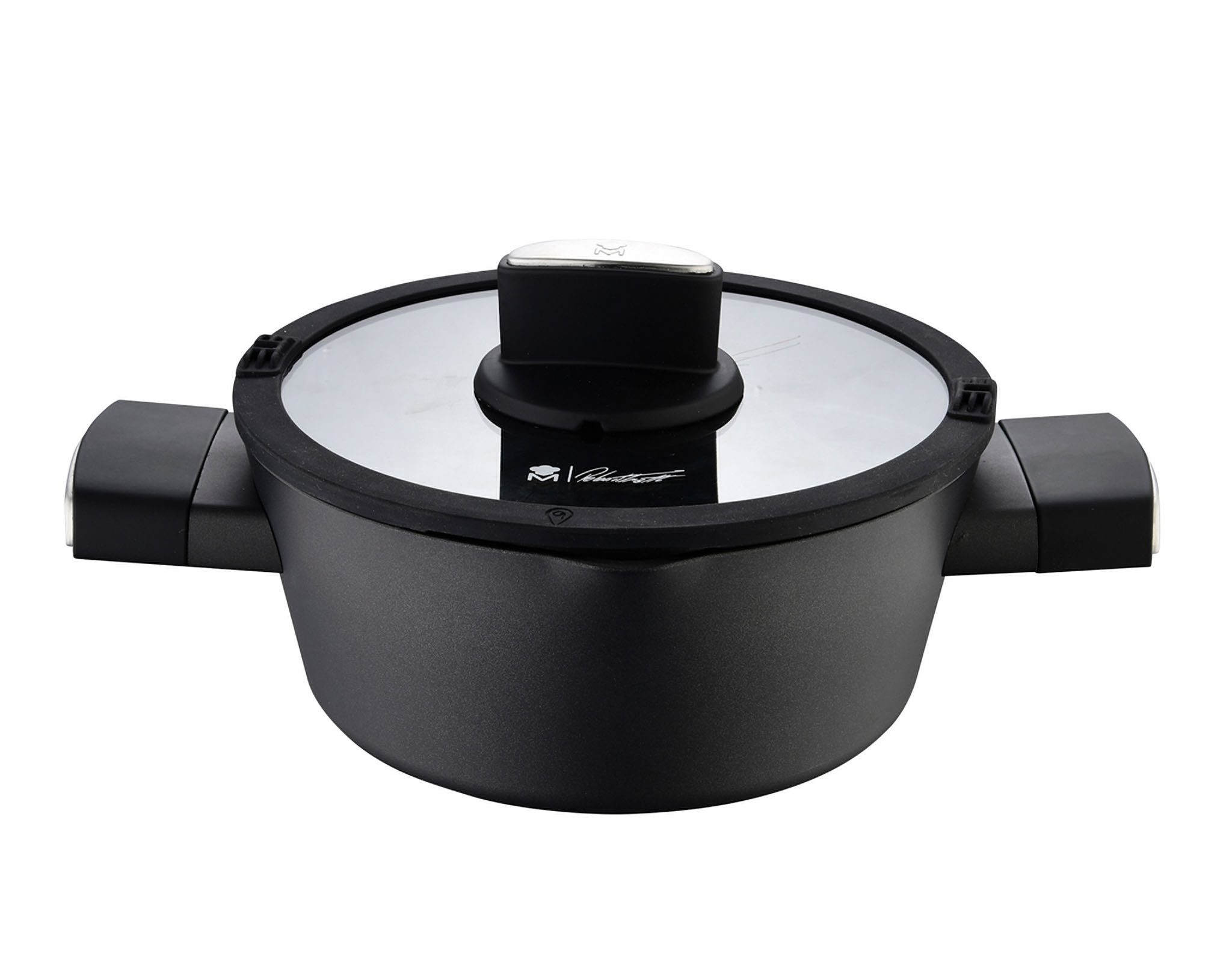 MasterPRO Kochtopf MASTERPRO by Roland Trettl Aluminium-Topf Kochtopf Ø 20 cm Soft-Touch-, Geschmiedetes Aluminium, Mit flachem Glasdeckel mit Silikonrand