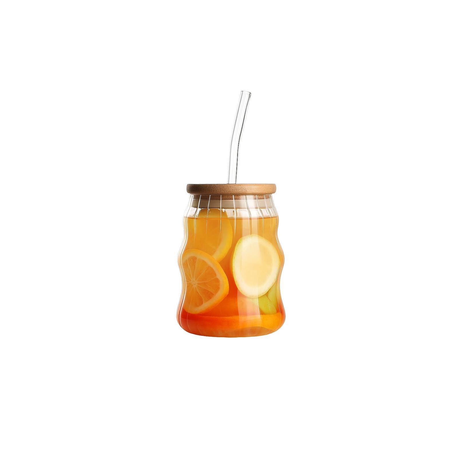 ROY Cocktailglas 500ml Trinkglas für Smoothies & Bubble Tea, Glas, Mit Deckel, mit Glasstrohhalm, BPA-frei, wiederverwendbar