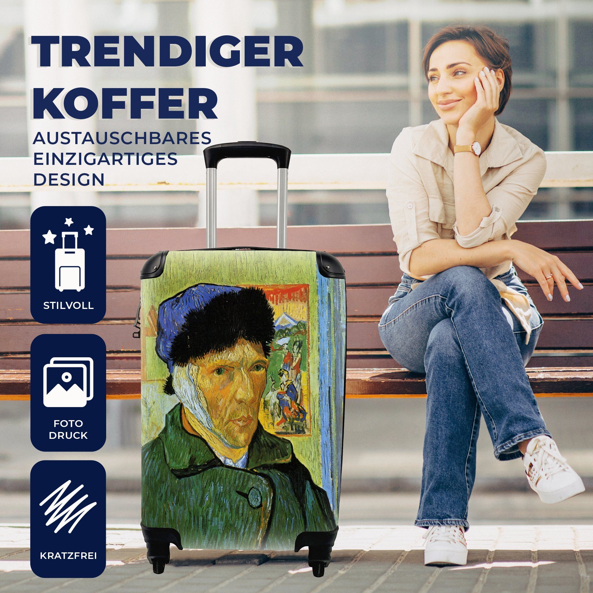 Ferien, Reisetasche mit verbundenem für Handgepäckkoffer rollen, - Vincent Rollen, Gogh, Ohr mit MuchoWow Reisekoffer Handgepäck Trolley, Selbstbildnis van 4