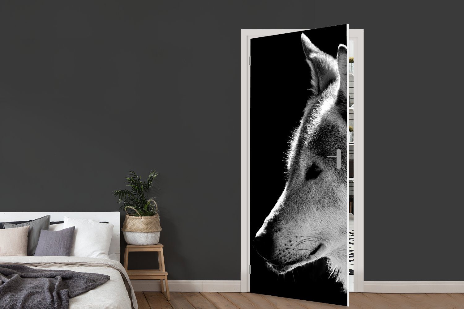 75x205 cm - St), MuchoWow Weiß, Matt, Tür, für Türtapete bedruckt, Schwarz Fototapete (1 Wildlife - Türaufkleber, - Wolf