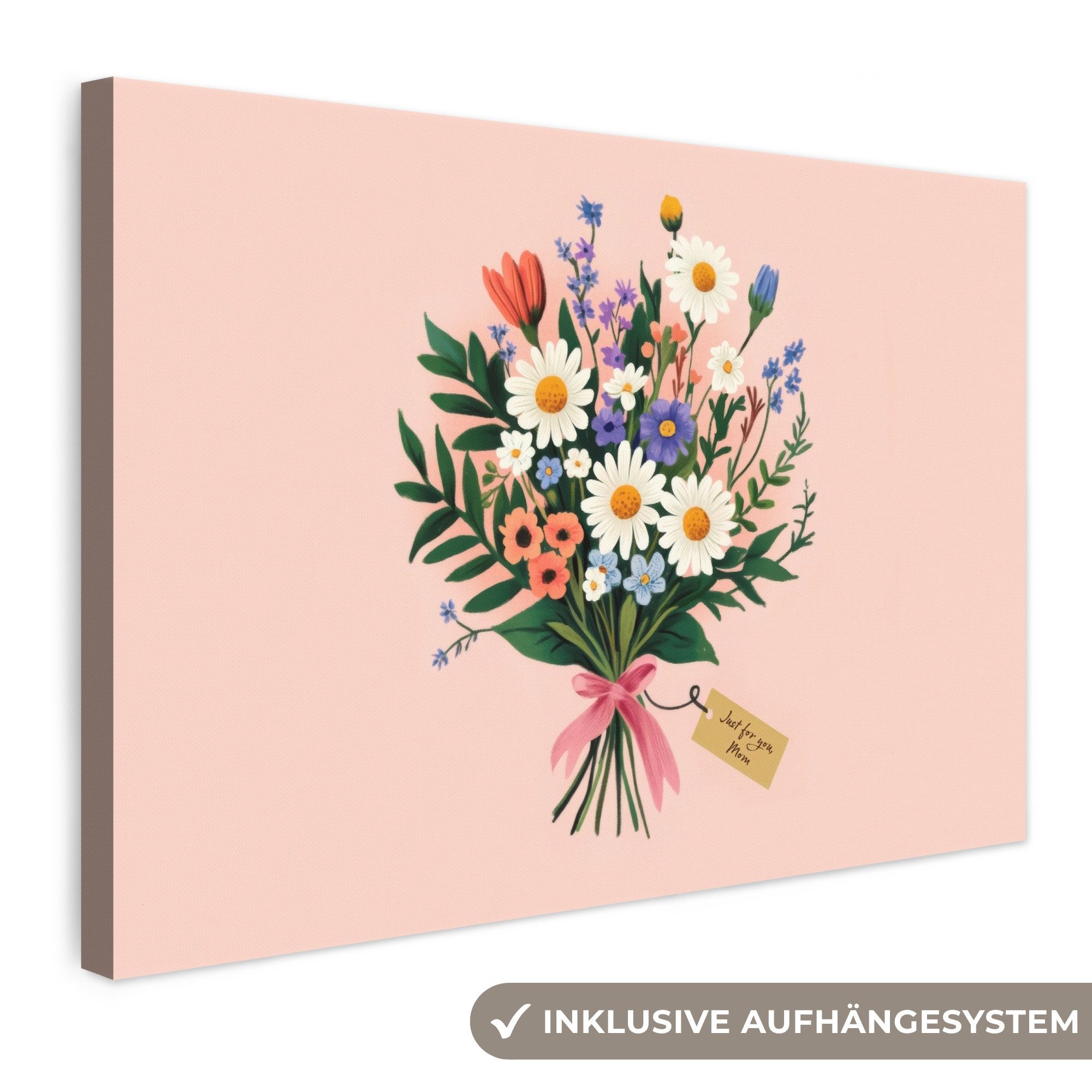 OneMillionCanvasses® Leinwandbild Gänseblümchen - Strauß - Schleife - Rosa - Muttertagsgeschenk, Fotodruck (1 St), Leinwand Bilder Klein, Wand Dekoration Aesthetic 30x20 cm