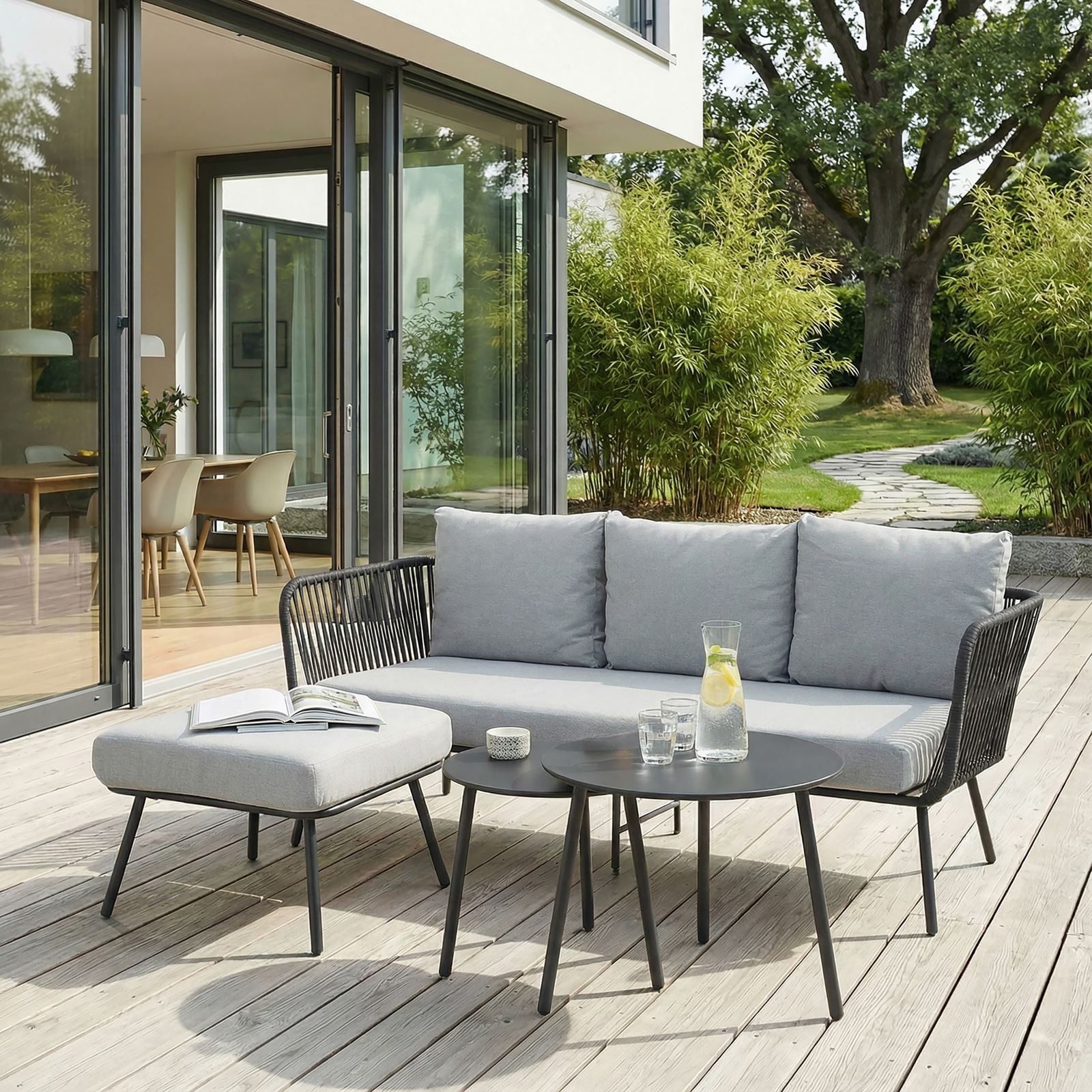 CARO-Möbel Gartenlounge-Set MYKONOS, Outdoor Dreisitzer Sofa mit Beistelltisch Balkonmöbel Set schwarz/grau