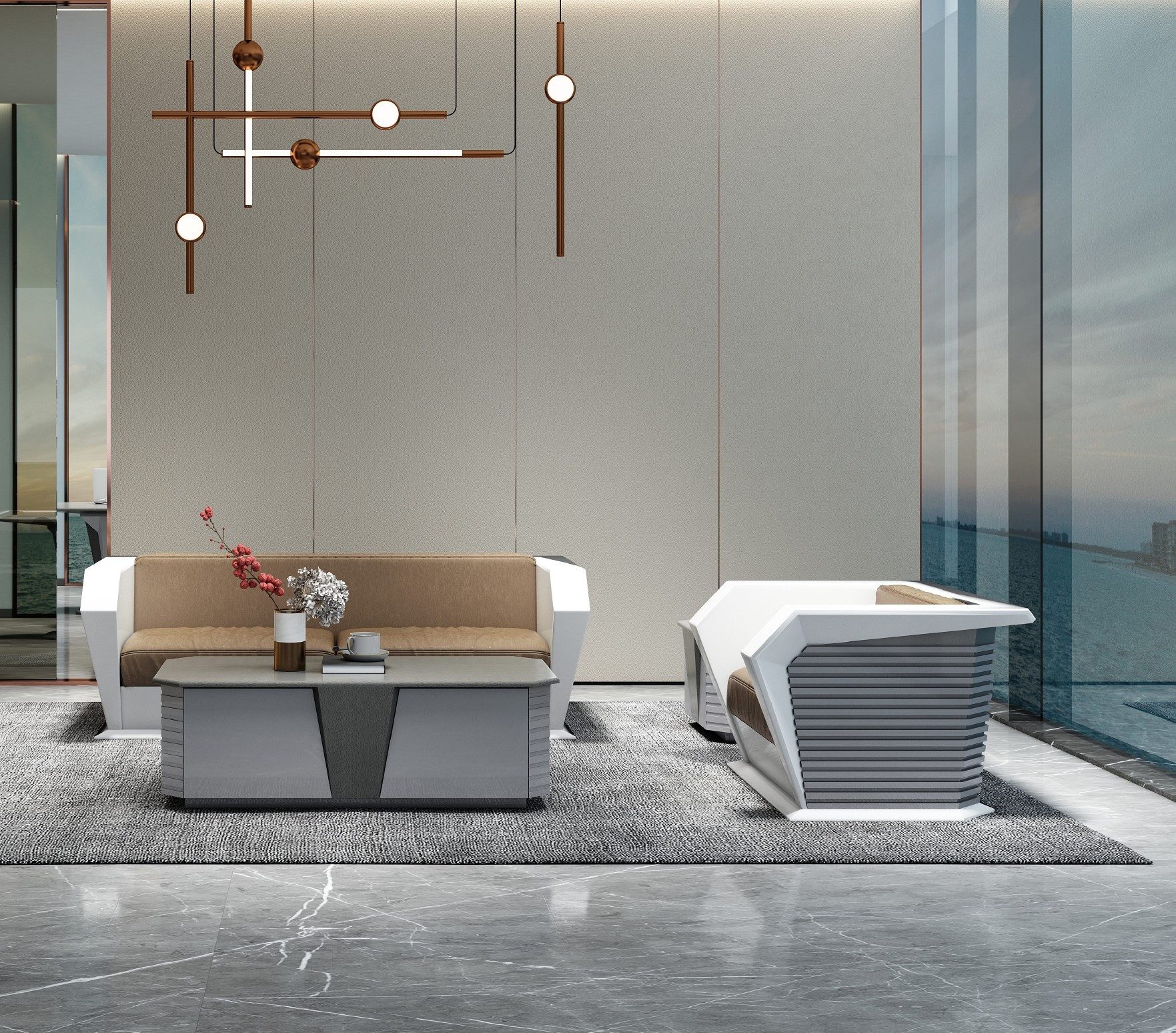 JVmoebel Polstergarnitur Elegantes Ledersofa-Set in Braun, Weiß und Grau mit Couchtisch, (Set, 3-tlg)