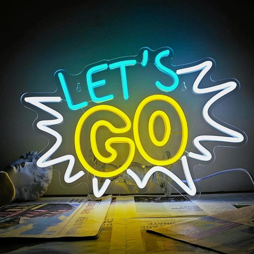 TSE LED Nachtlicht Let’s Go LED Neon Schild 37,5x26cm dimmbar USB Wandlicht Acryl Deko XL