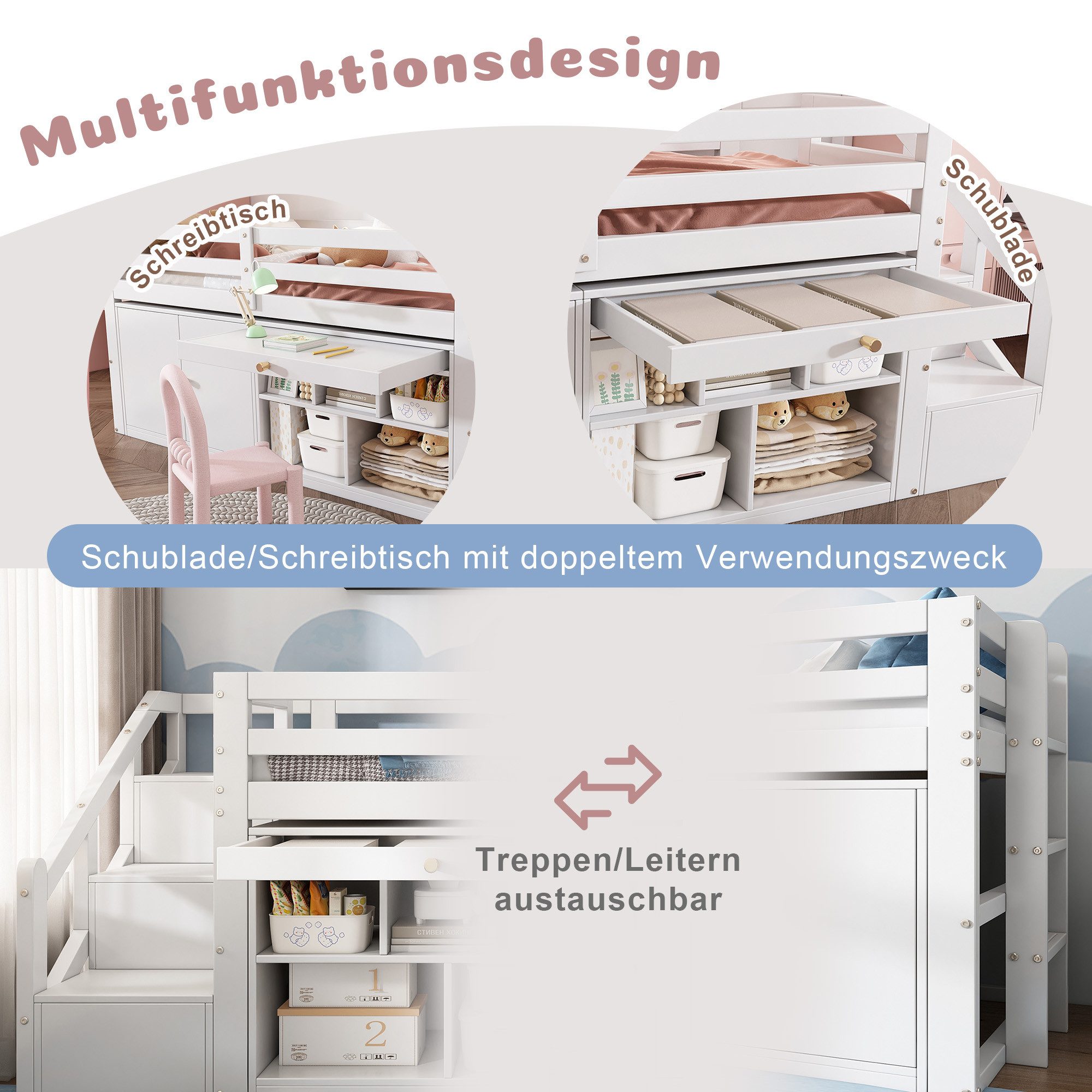 Hochbett 90x200cm Mit Schreibtisch Und Treppe, Etagenbett