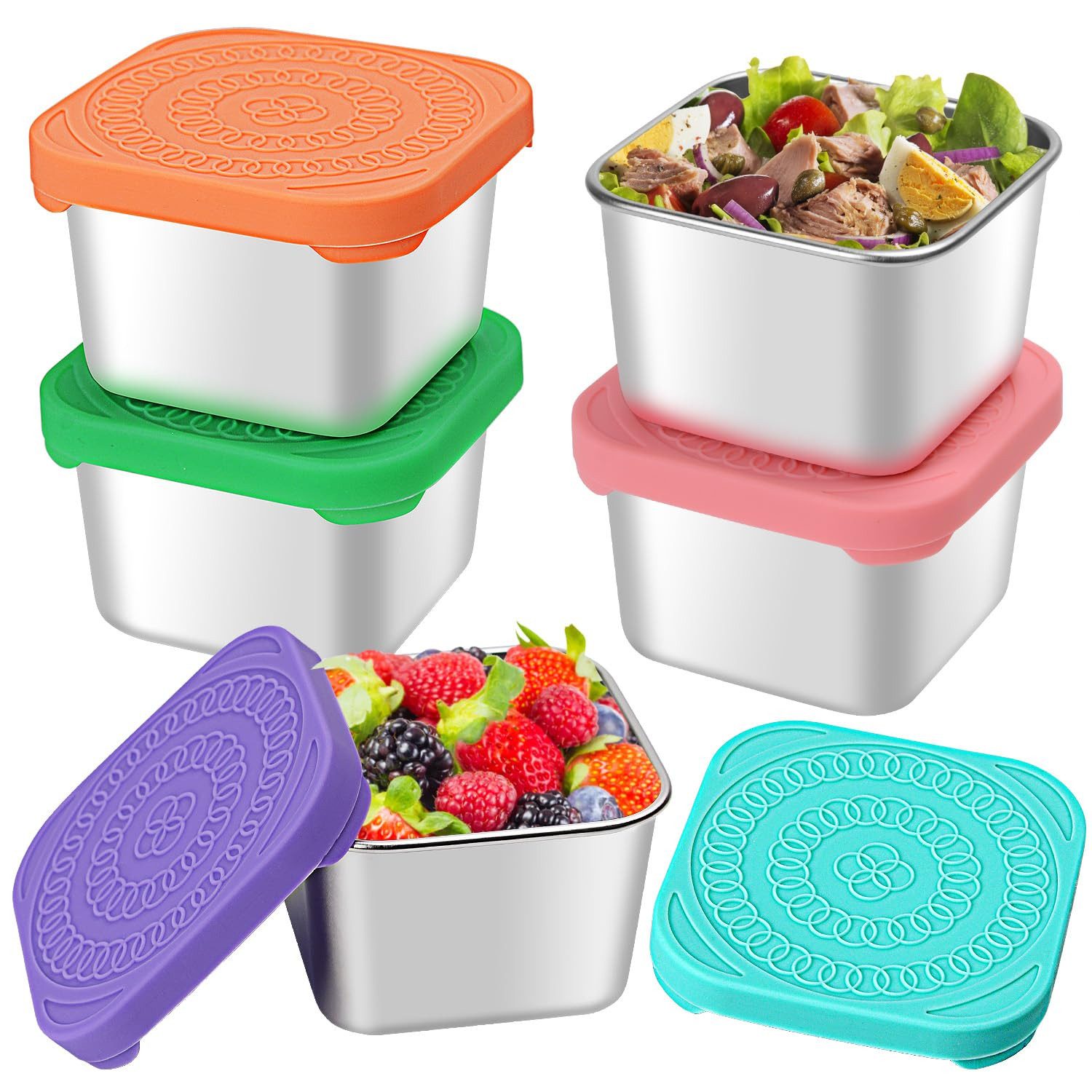 Refined Living Vorratsdose 5er Set Edelstahl Snack-Container 180 ml, mit Silikondeckel,BPA-frei, Edelstahl 304 + Silikondeckel, (Auslaufsicher Snack Container, Lunchbox Edelstahl klein, Dips Box Edelstahl mit Silikondeckel, Stapelbare Lebensmittel-Box klein, Wiederverwendbare, Auslaufsicher, stapelbar, 5-tlg., Perfekt für Obst, Nüsse, Dips, Soßen, Gemüse, Joghurt, Dressings), für Büro, Arbeit, Schule, Reisen oder Picknicks
