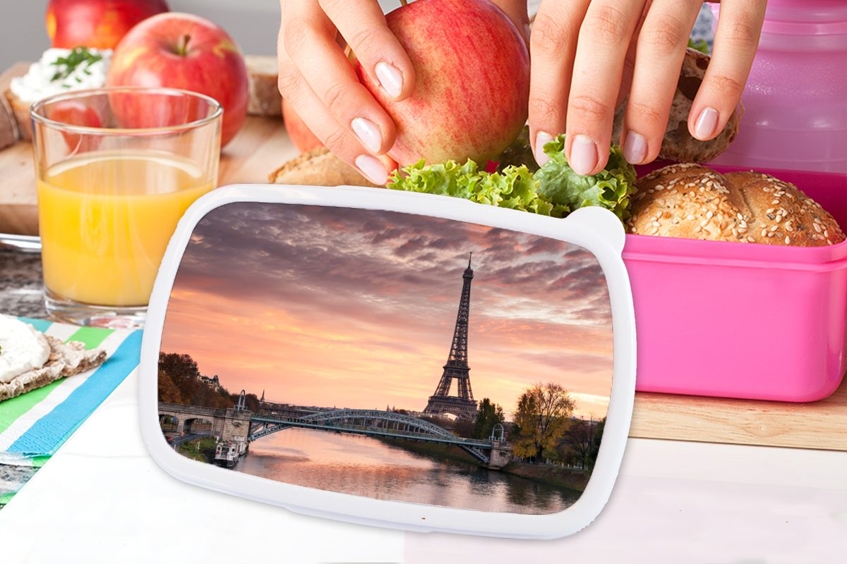 Kunststoff Ein über Kinder, Mädchen, rosa wunderschöner Lunchbox Kunststoff, Brotdose orangefarbener Brotbox (2-tlg), Erwachsene, Himmel Snackbox, für Eiffelturm Paris, dem MuchoWow in