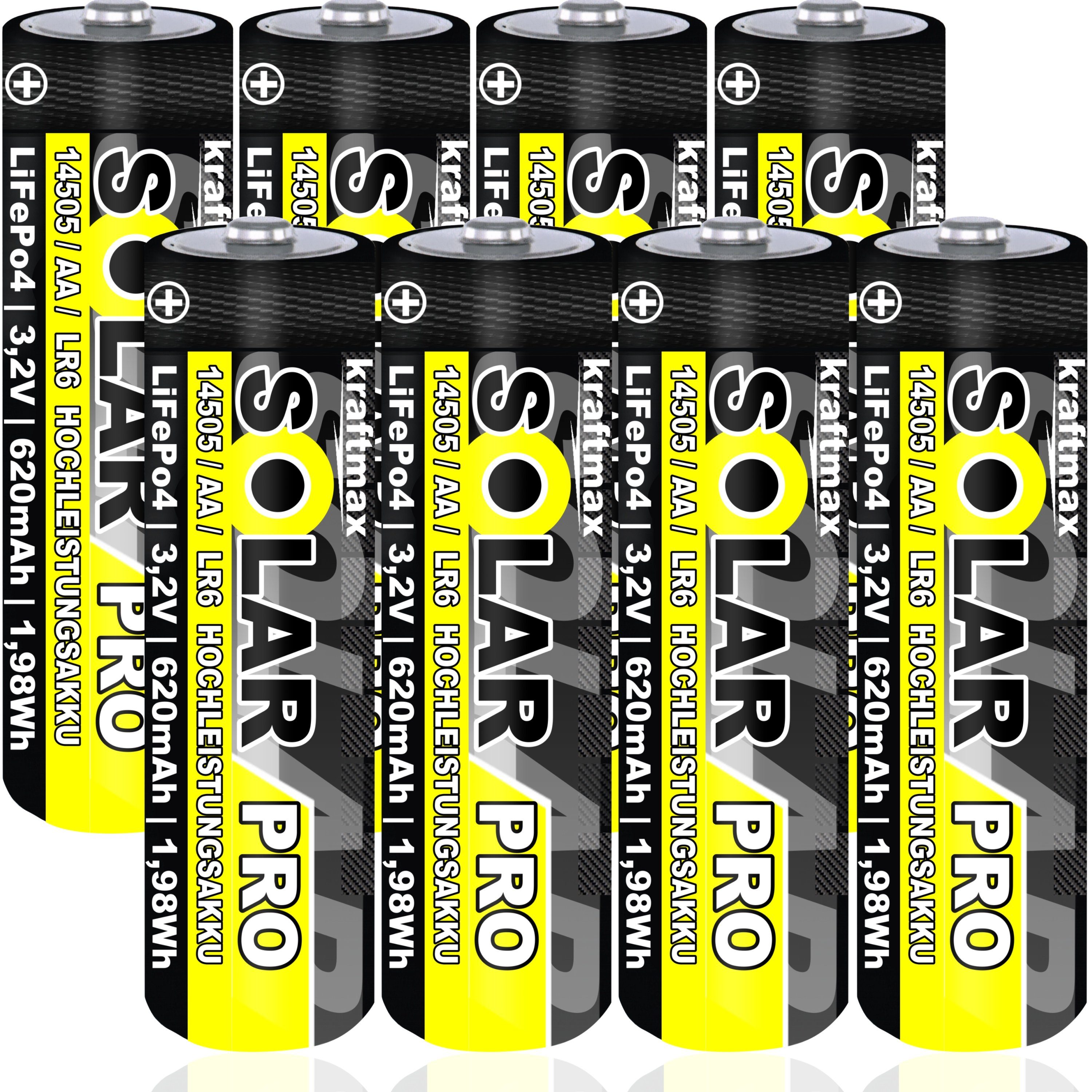 kraftmax 8 er Pack SOLAR pro Mignon AA Akkus - 3,2V / 1,92Wh / 14505 - LiFePo4 Akku Mignon AA 600 mAh (3,2V V, 1 St), Solar-kompatibel