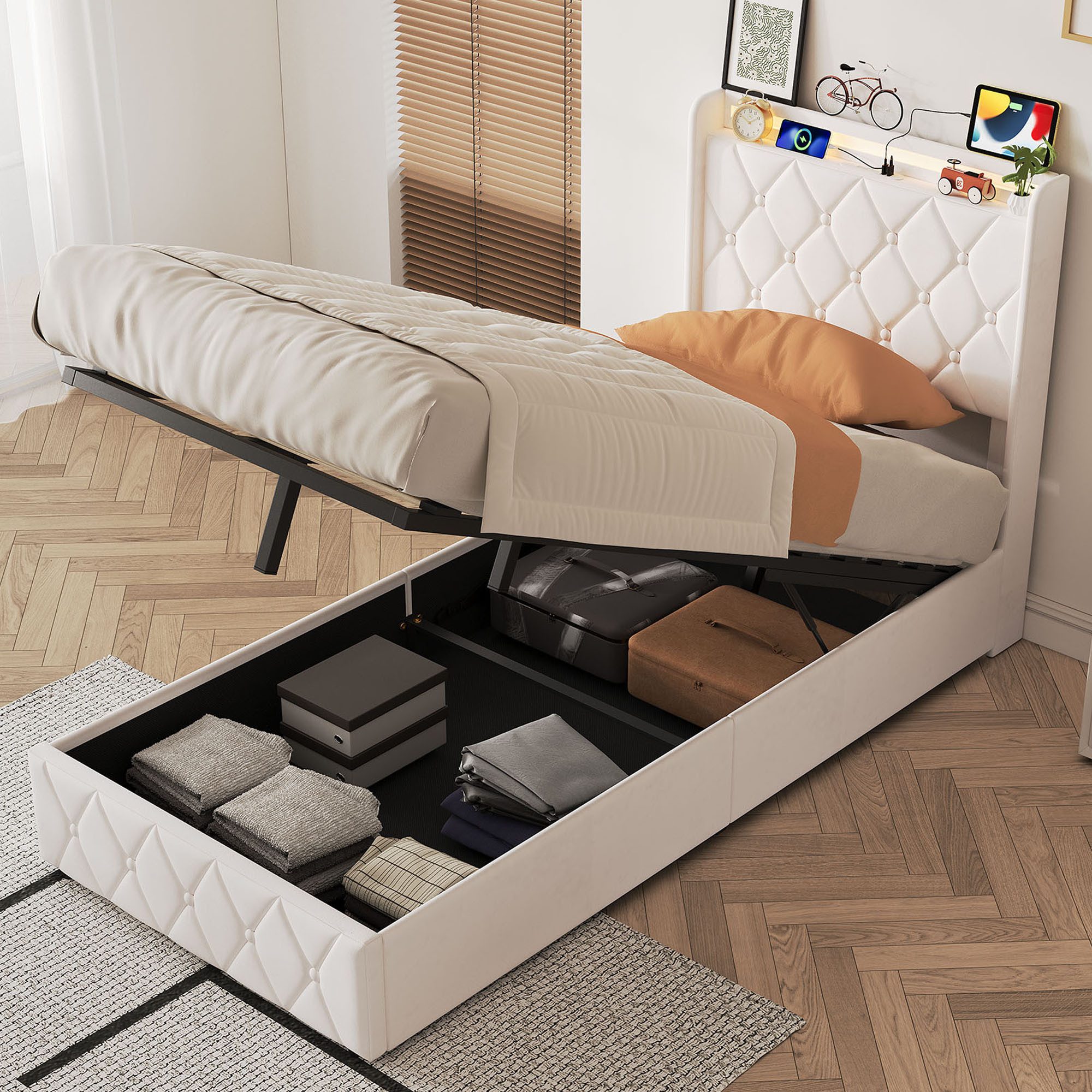 zebery Stauraumbett Polsterbett Doppelbett Mit USB+Typ C und LED-Leuchten (Packung, 1-tlg., Jugendbett), 90x200 cm,Mit Bettkasten,Kopfteil und Bettgestell,Samtstoff - Beige