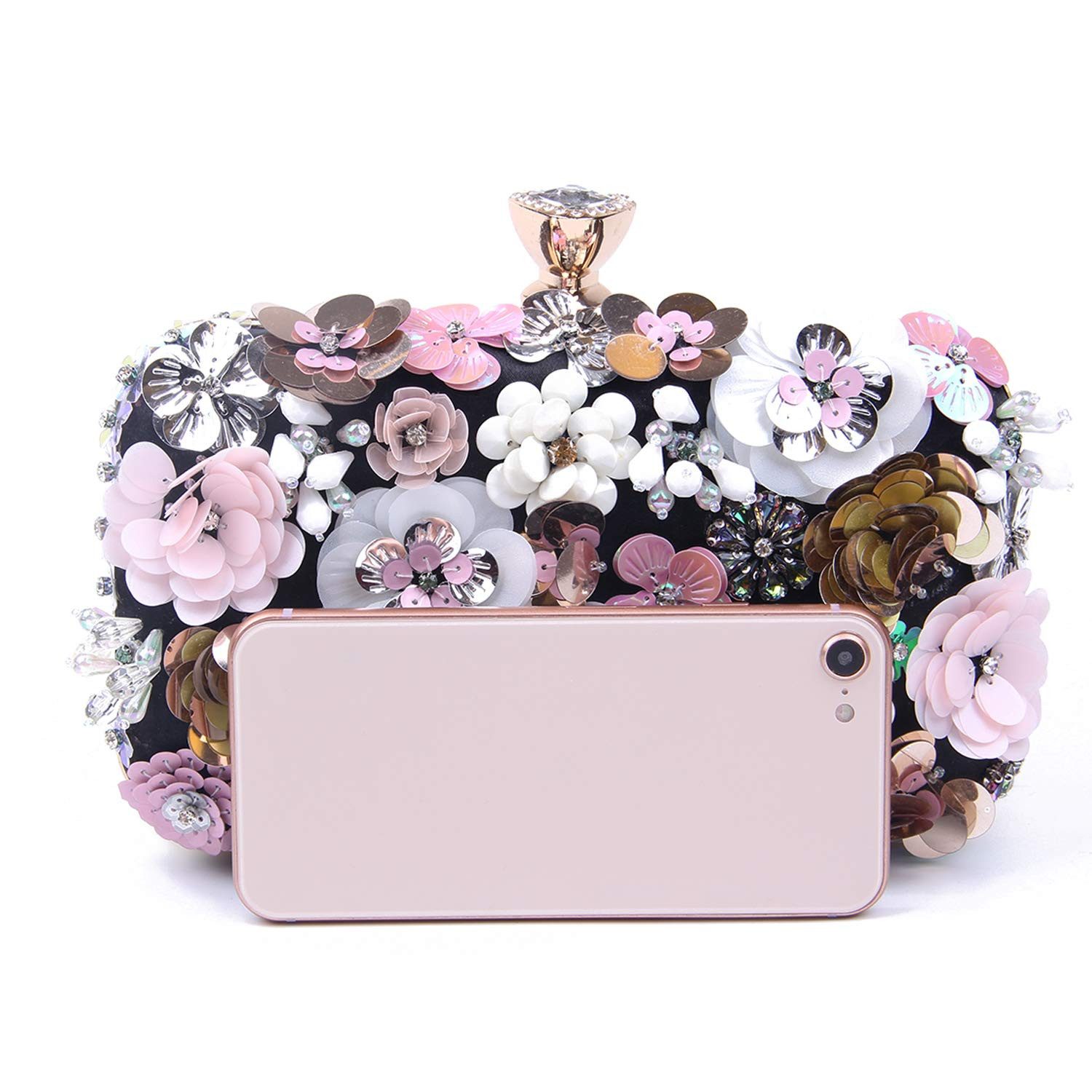 Zaewry Abendtasche Damen-Clutch mit Blumenmuster, Abendhandtasche, Schultertasche, mit Kettenriemen – Bild 5 von 5