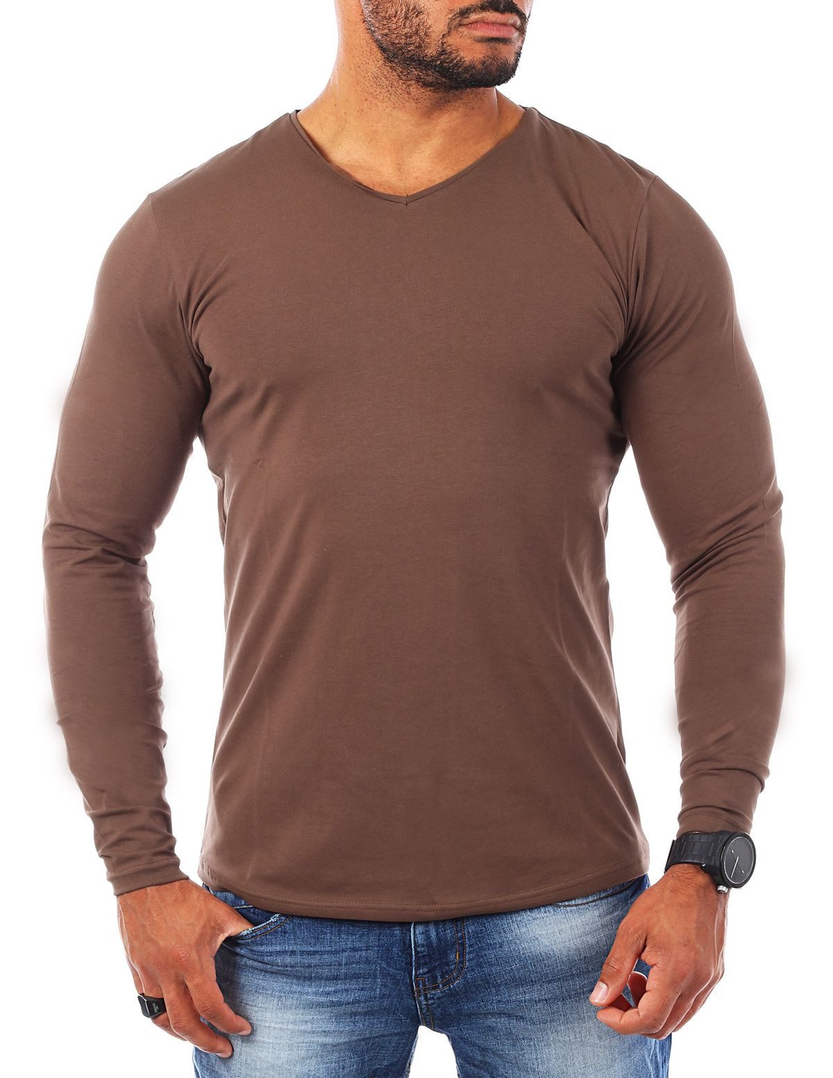 Young & Rich Langarmshirt Herren Uni Basic Longsleeve V-Ausschnitt V-Neck Unterziehshirt 2001 Rundhalsauschnitt unifarben langarm slim fit