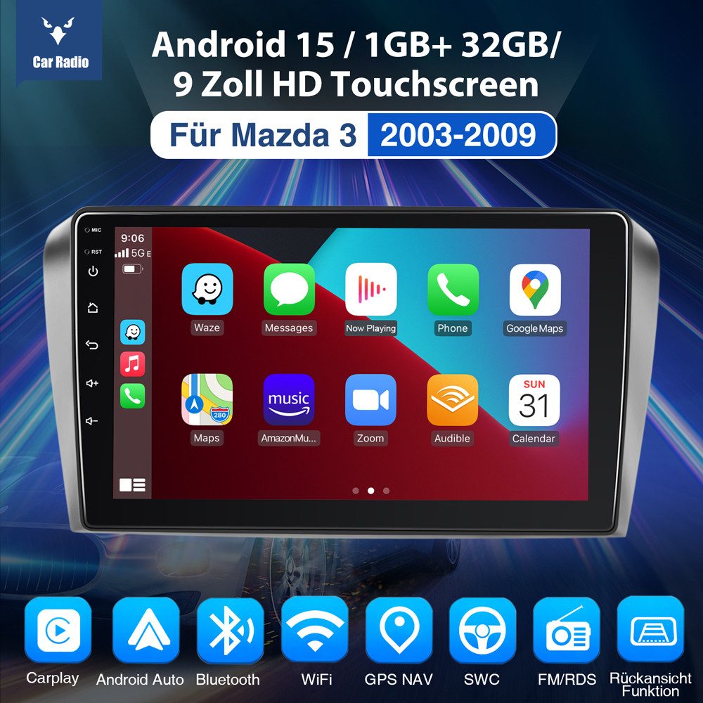 ESSGOO 9" Android 15 Autoradio Für Mazda 3 2003-2009 BK Carpaly Navi WIFI BT Autoradio (BT, 4+4GB optional, FM AM SWC RDS)