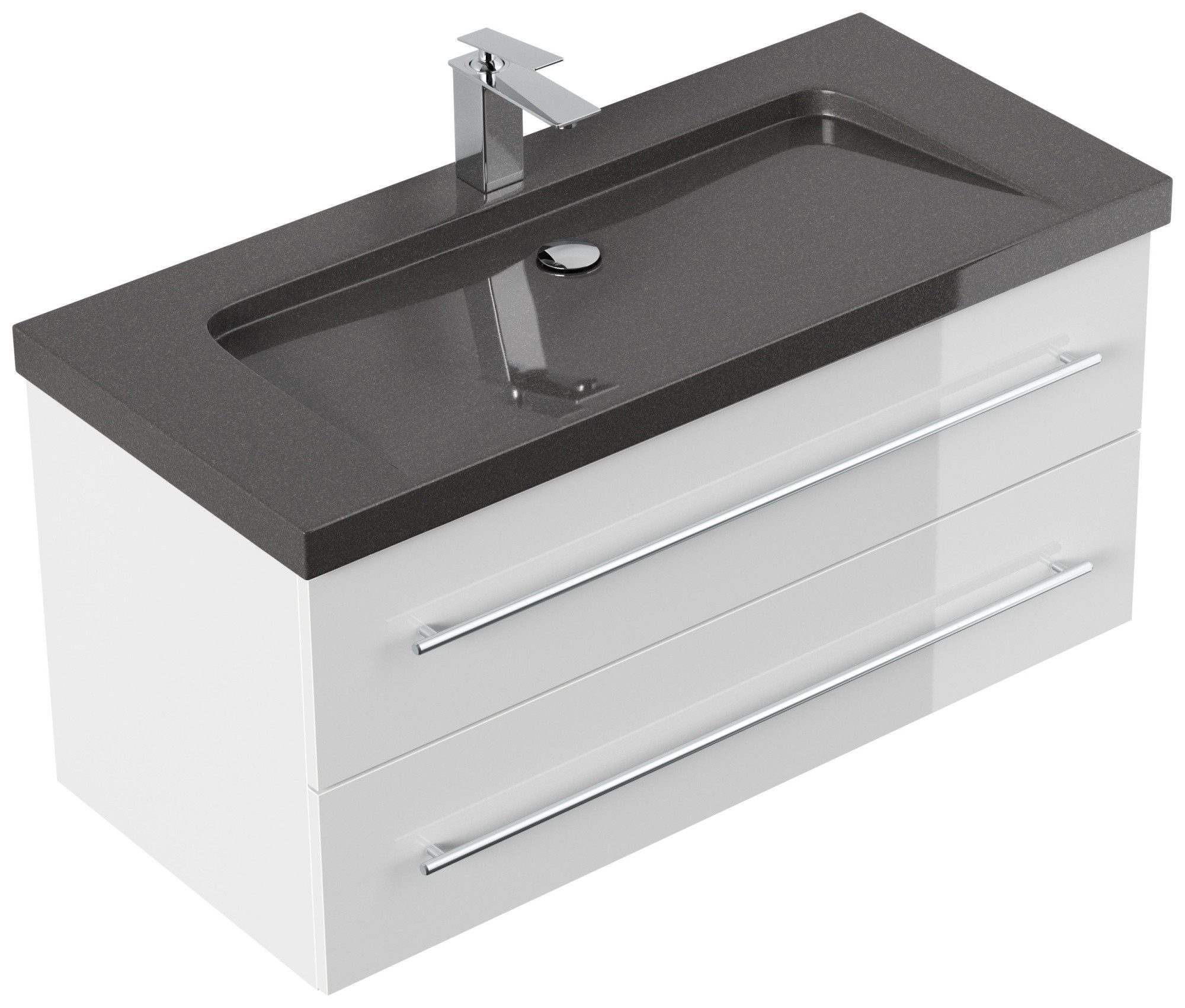 Magnolia Home Waschtisch Badmöbel Granit India Black Damo 100 cm 1 Hahnloch SoftClose weiß hoch