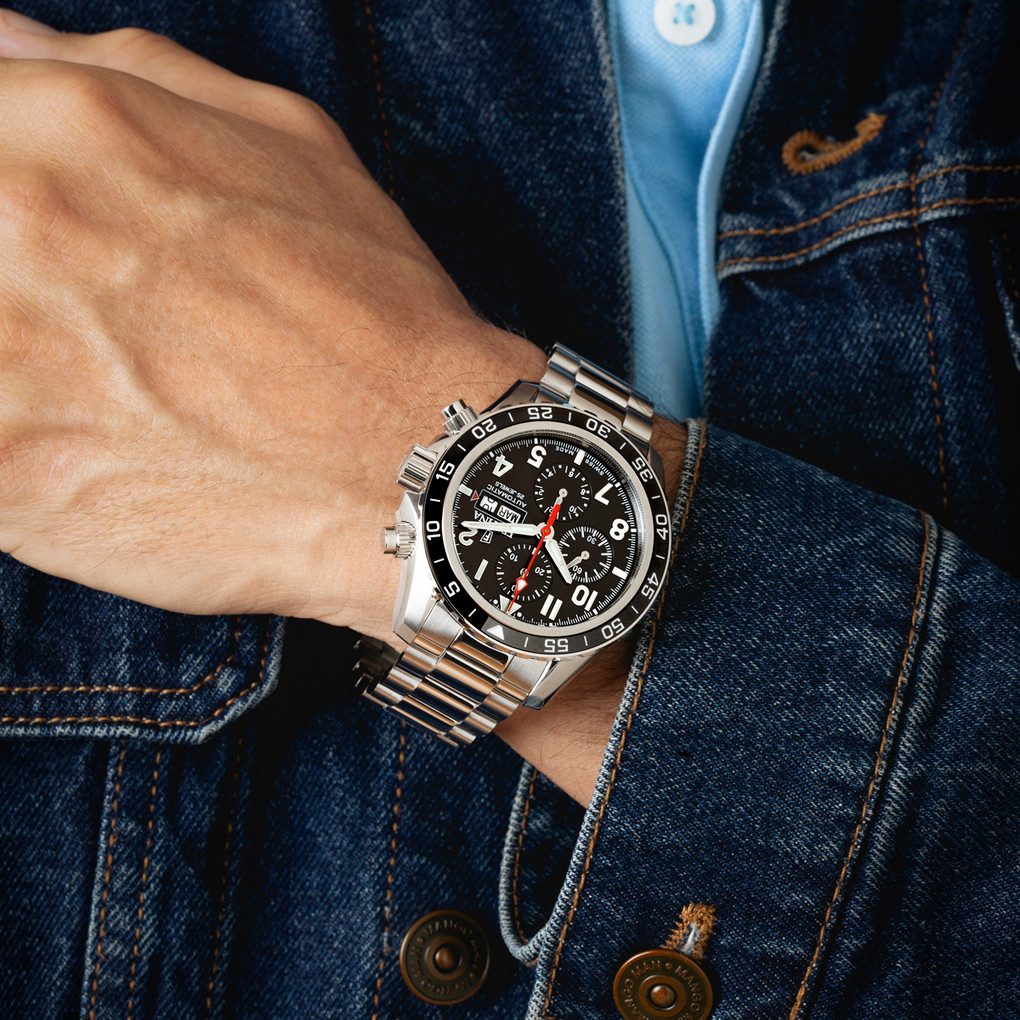 Festina Automatikuhr Chronograph – Swiss Made Automatik mit schwarzem Zifferblatt, F20055/4, Edelstahlband, 45,8 mm, sehr hochwertiges Uhrwerk, 10 Bar wasserdicht