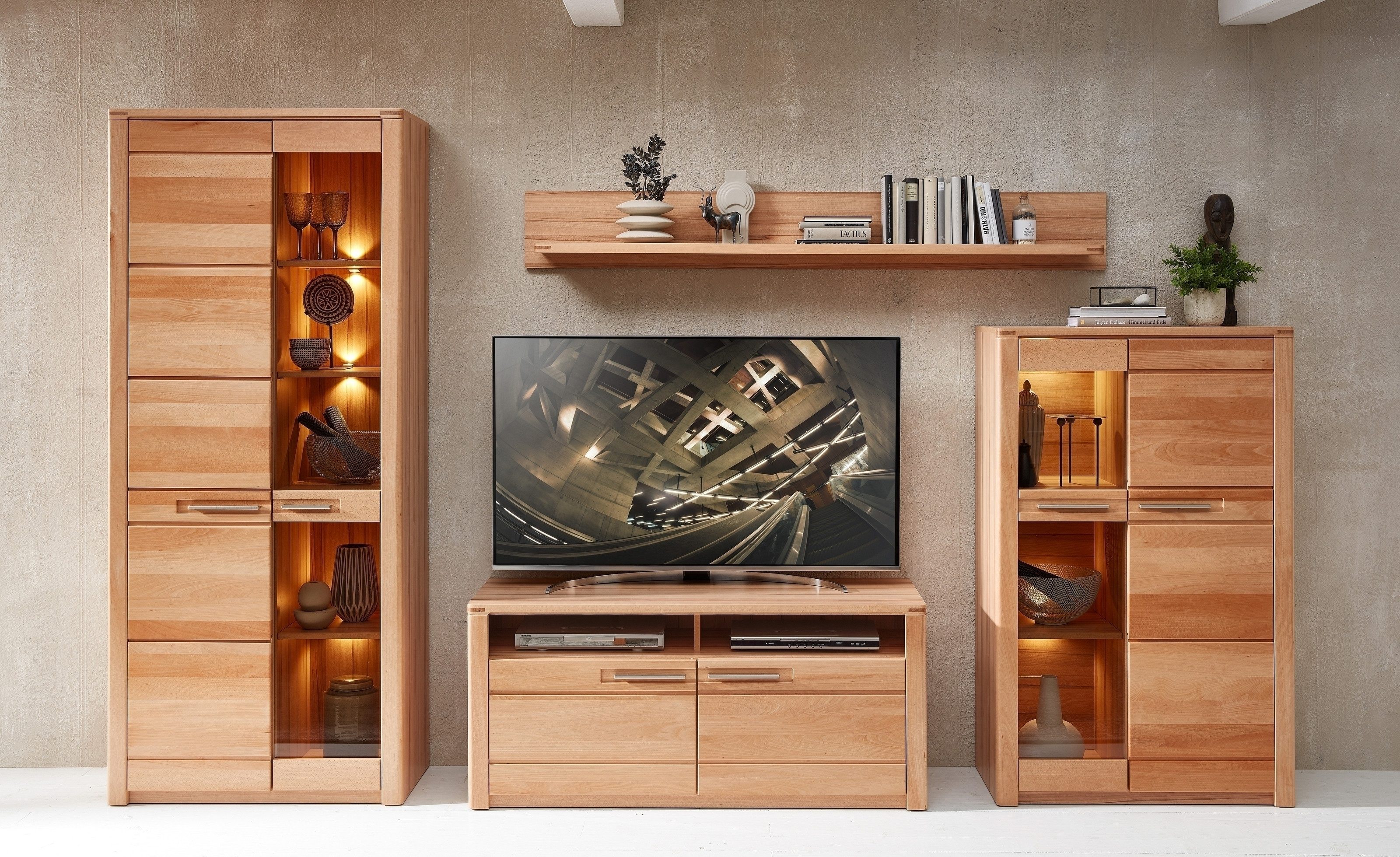 freiraum Wohnwand Nature One, (4-teilig), (4-teilig) Kernbuche teilmassiv - 350x203x45cm (BxHxT)