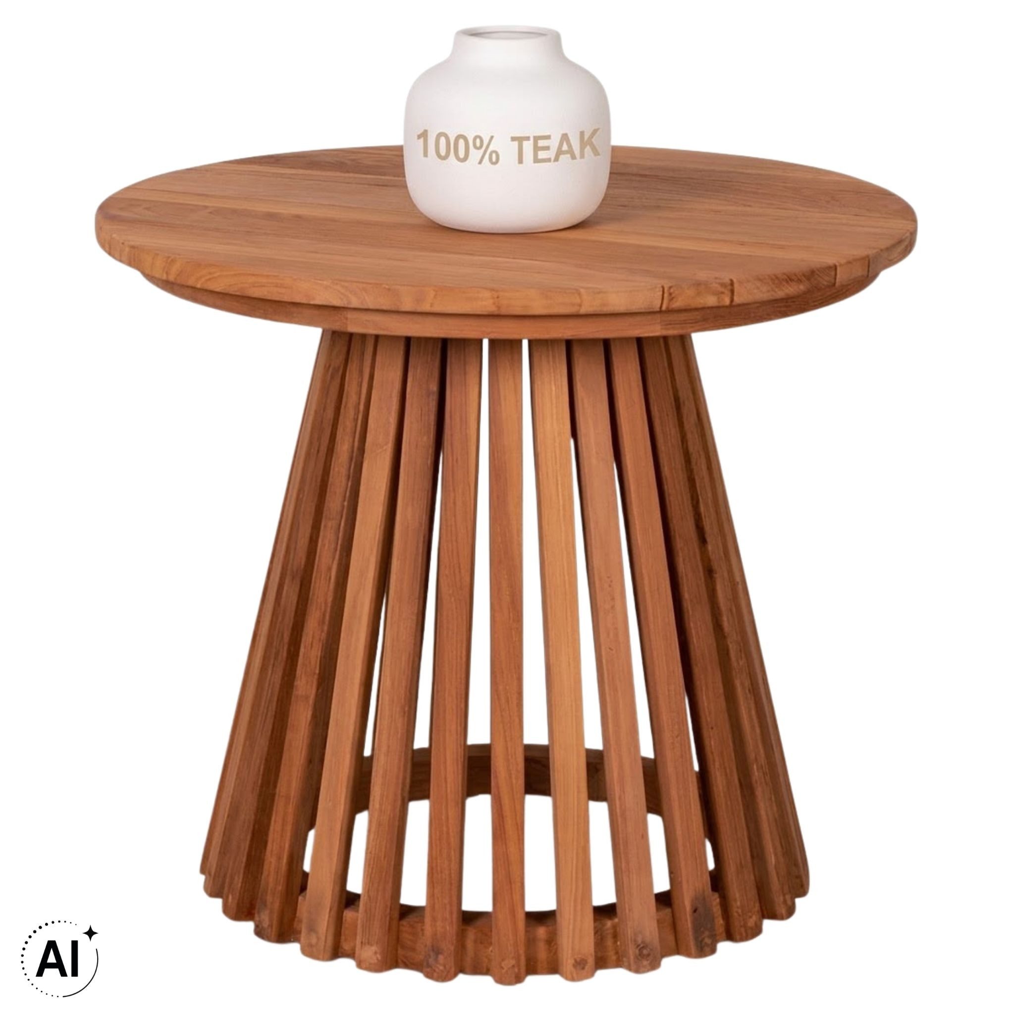 MR.DEKO Beistelltisch Bolton Teakholz Ablagetisch rund, Holztisch wetterfest für draußen (Ideal zu Deckchairs kombinierbar – für drinnen & draußen geeignet, 1-St), Plantagen-Teak Vollholz – wetterfest, vielseitig, leicht montierbar