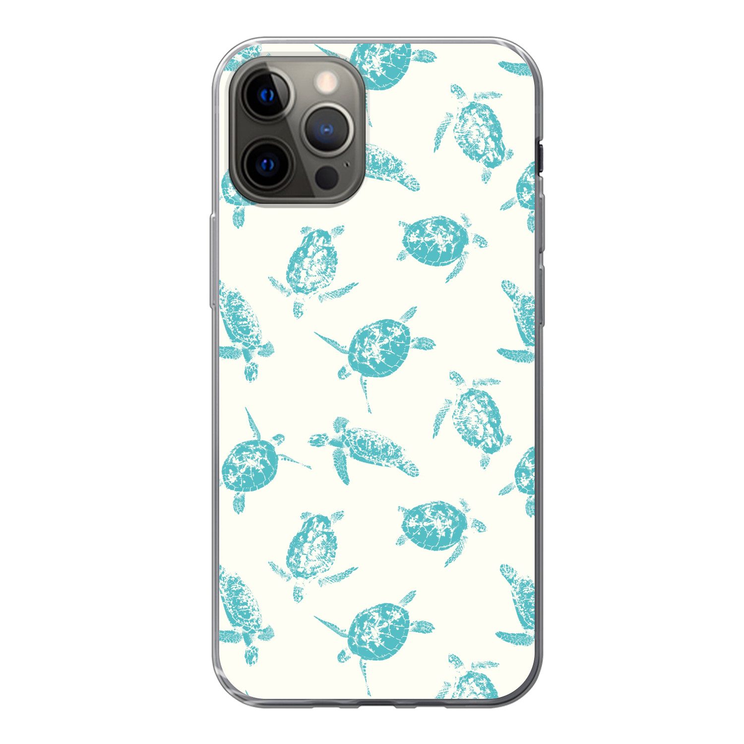MuchoWow Handyhülle für Apple iPhone 12 Pro Schildkröten - Muster - Weiß - Blau, Smartphone-Bumper, Print, Handy Schutzhülle Dünn