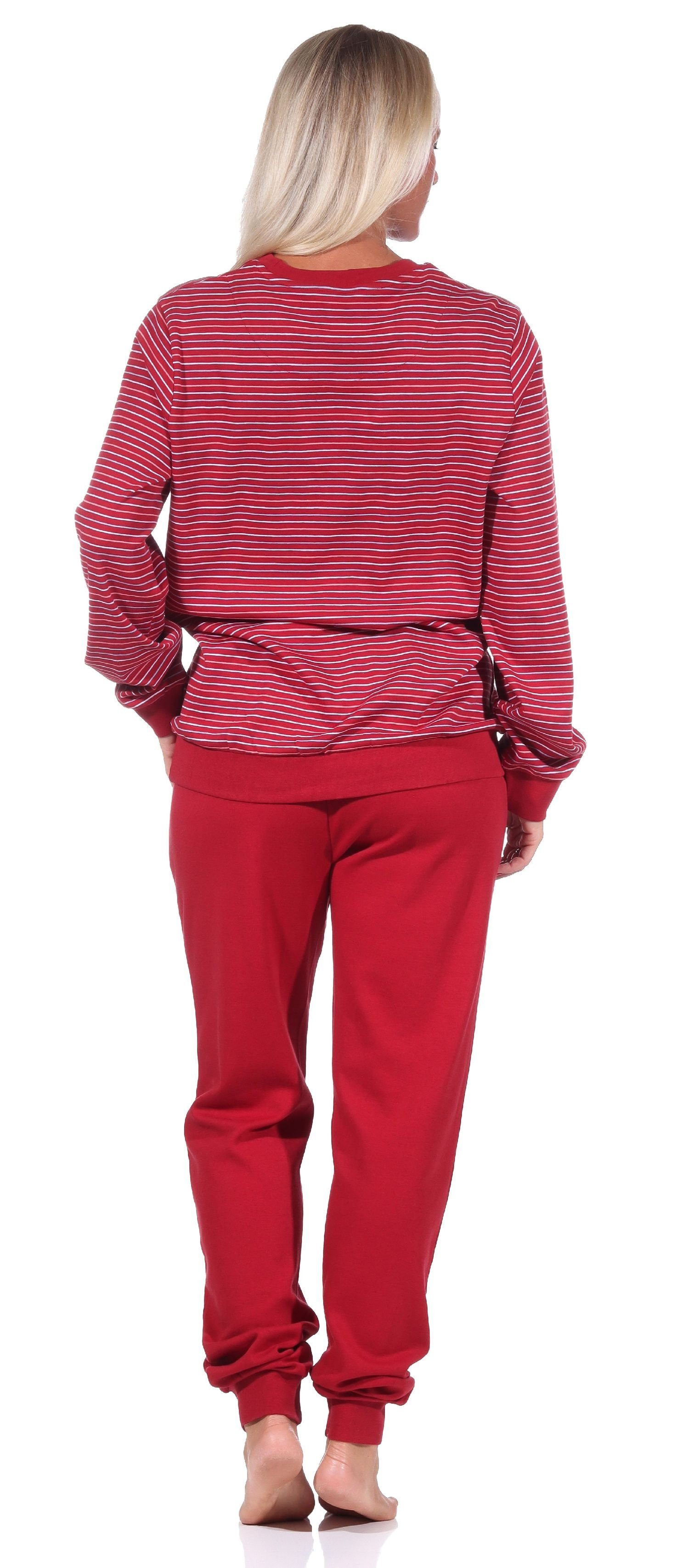 Normann rot Streifenoptik Damen Pyjama Interlock Bündchen in Kuscheliger mit Schlafanzug
