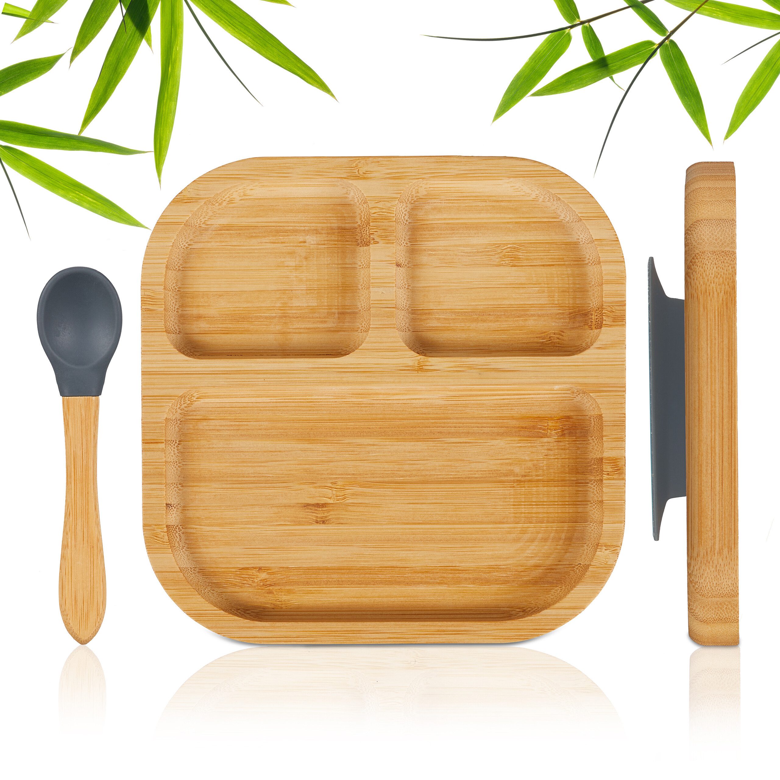 relaxdays Kindergeschirr-Set Kinderteller Bambus mit Löffel (2-tlg), 1 Personen, Bambus, grau