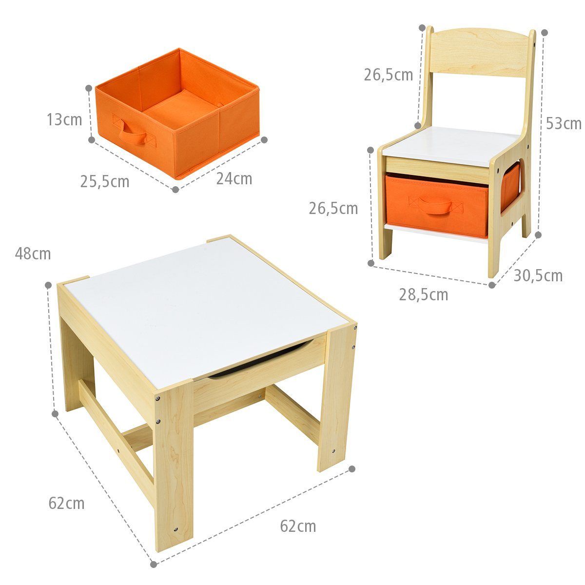 Stauraum mit 3 Tafel Orange & mit 2 COSTWAY TLG. Kindersitzgruppe Stühlen,