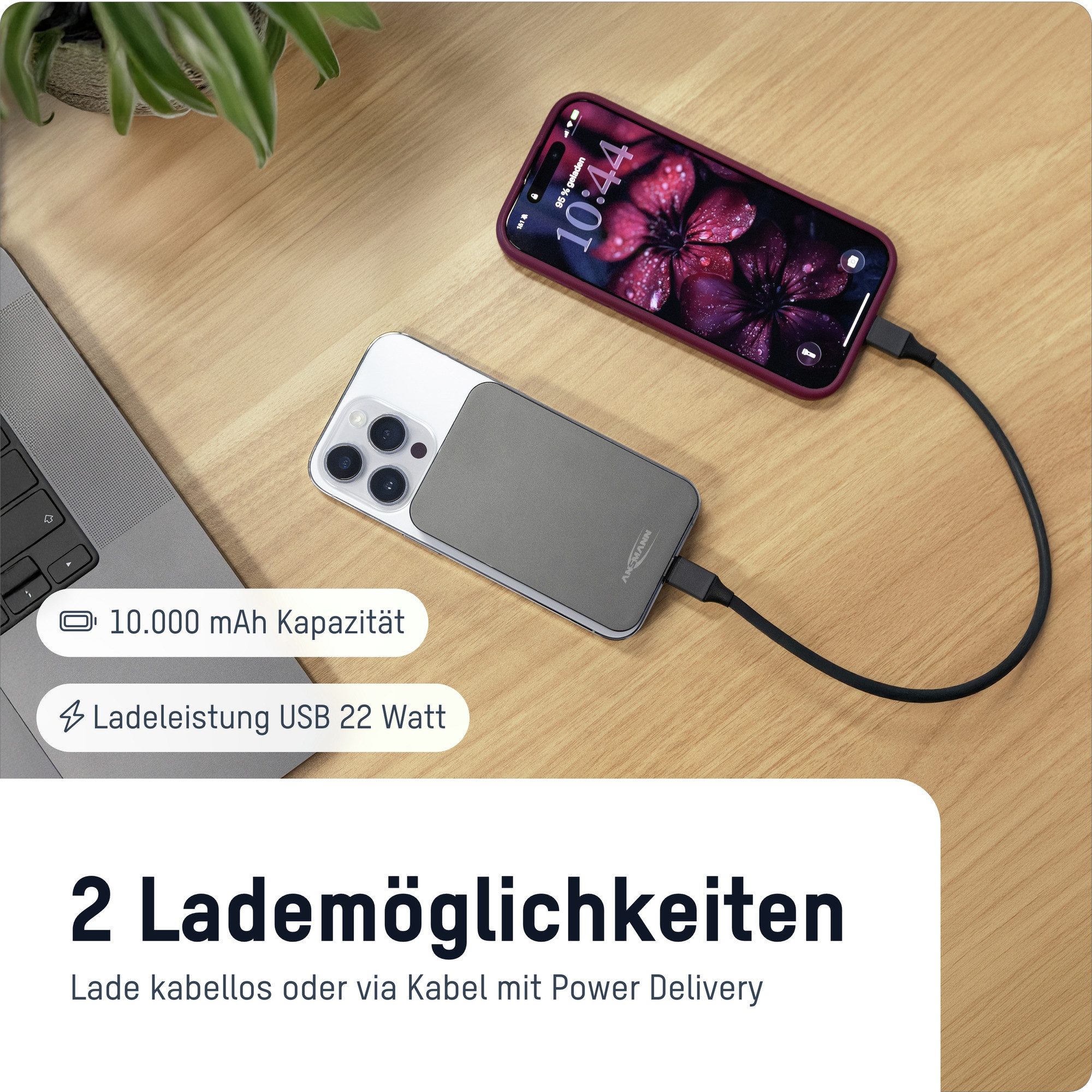 ANSMANN AG MagSafe Powerbank 10000 mAh, kabellose Powerbank mit USB C für iPhone Powerbank 10000 mAh