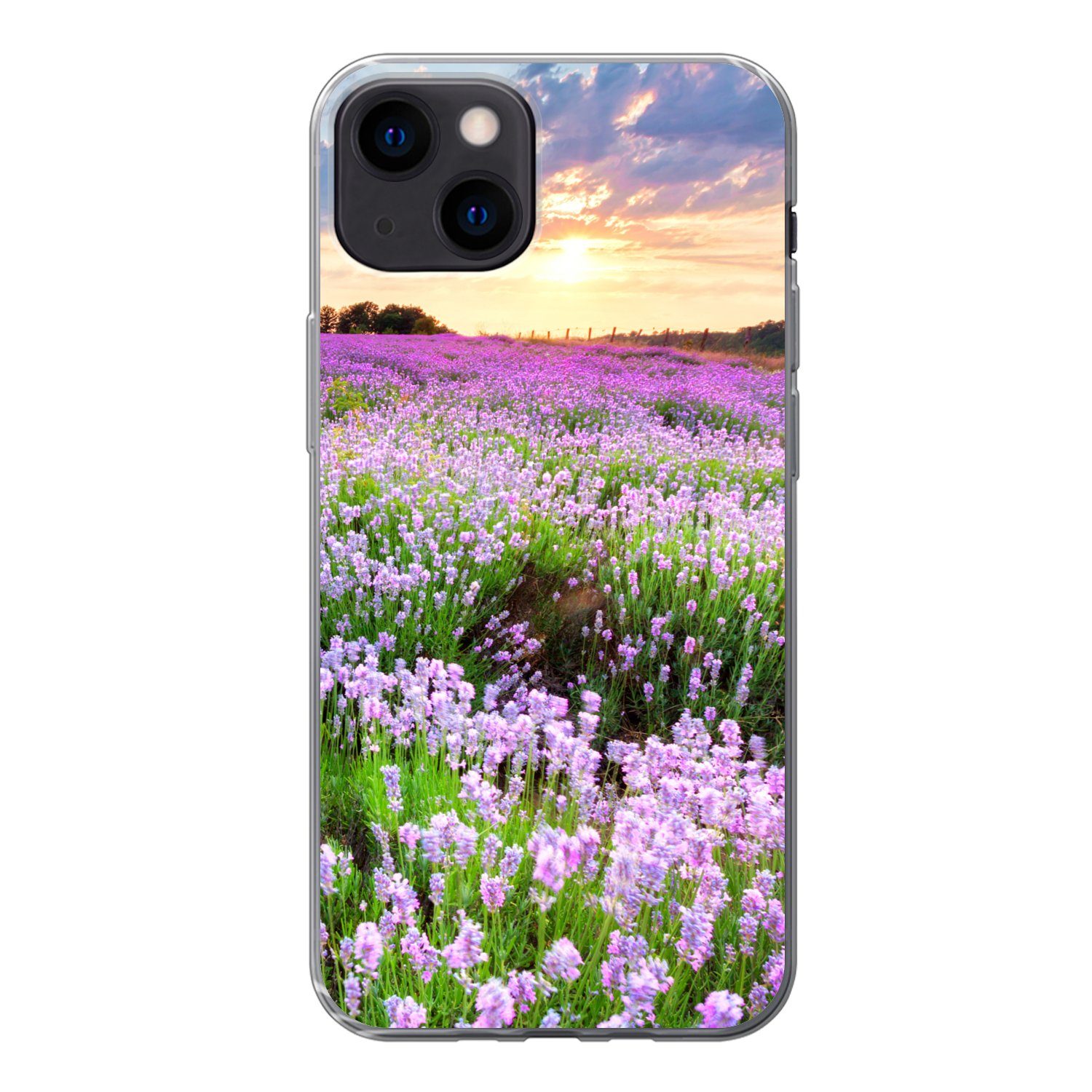 MuchoWow Handyhülle für Apple iPhone 13 Blumen - Lavendel - Lila - Himmel - Sonnenuntergan, Smartphone-Bumper, Print, Handy Schutzhülle Dünn