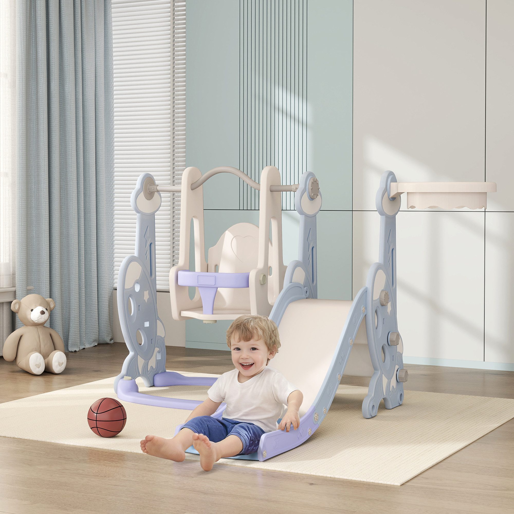AIYAPLAY Rutsche 4-in-1 Kinderrutsche mit Schaukel Basketballkorb Kletterge günstig online kaufen